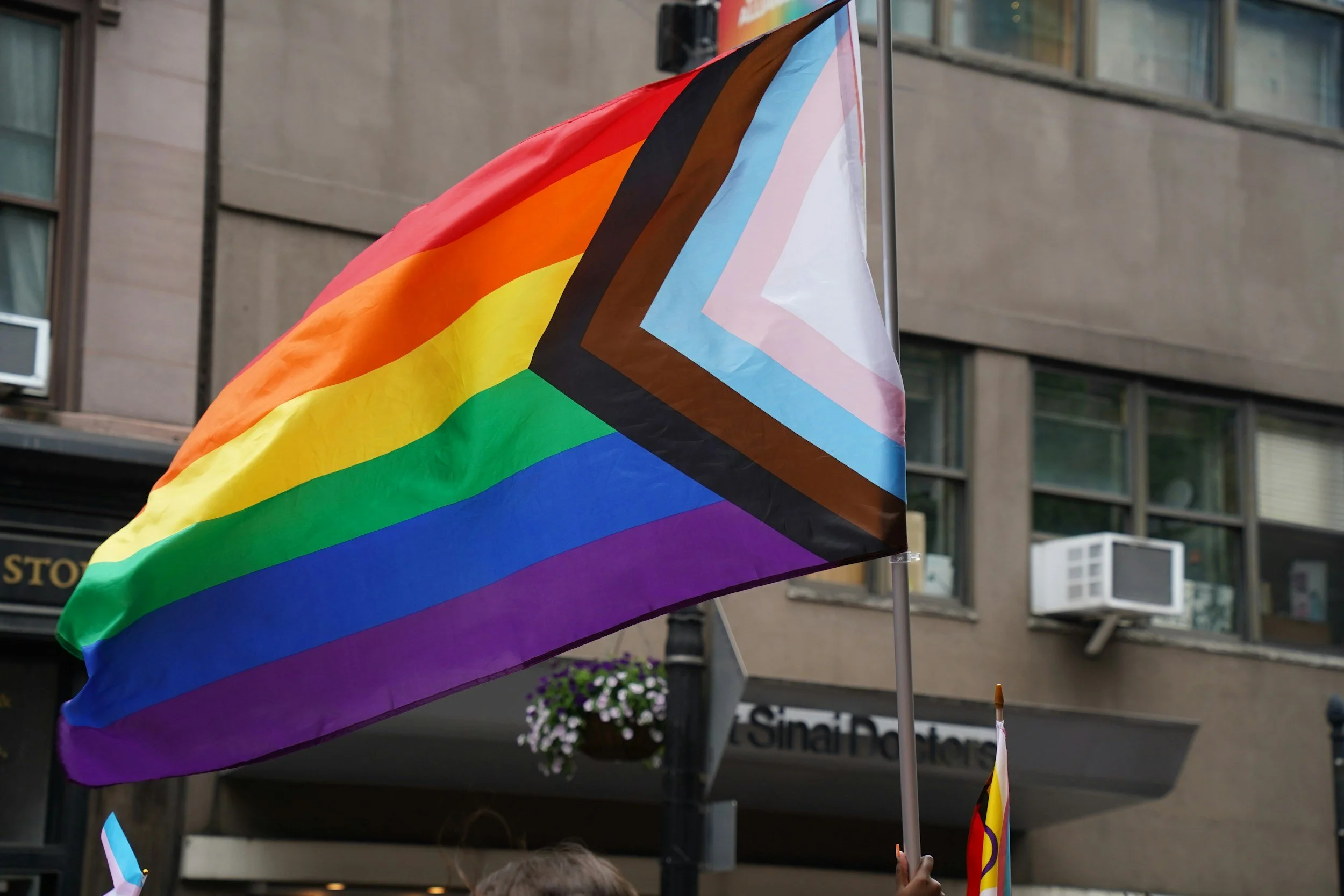 Pride flag with rainbow colors and a transgender pride flag with pink, blue, and white stripes being held high at a parade or rally.