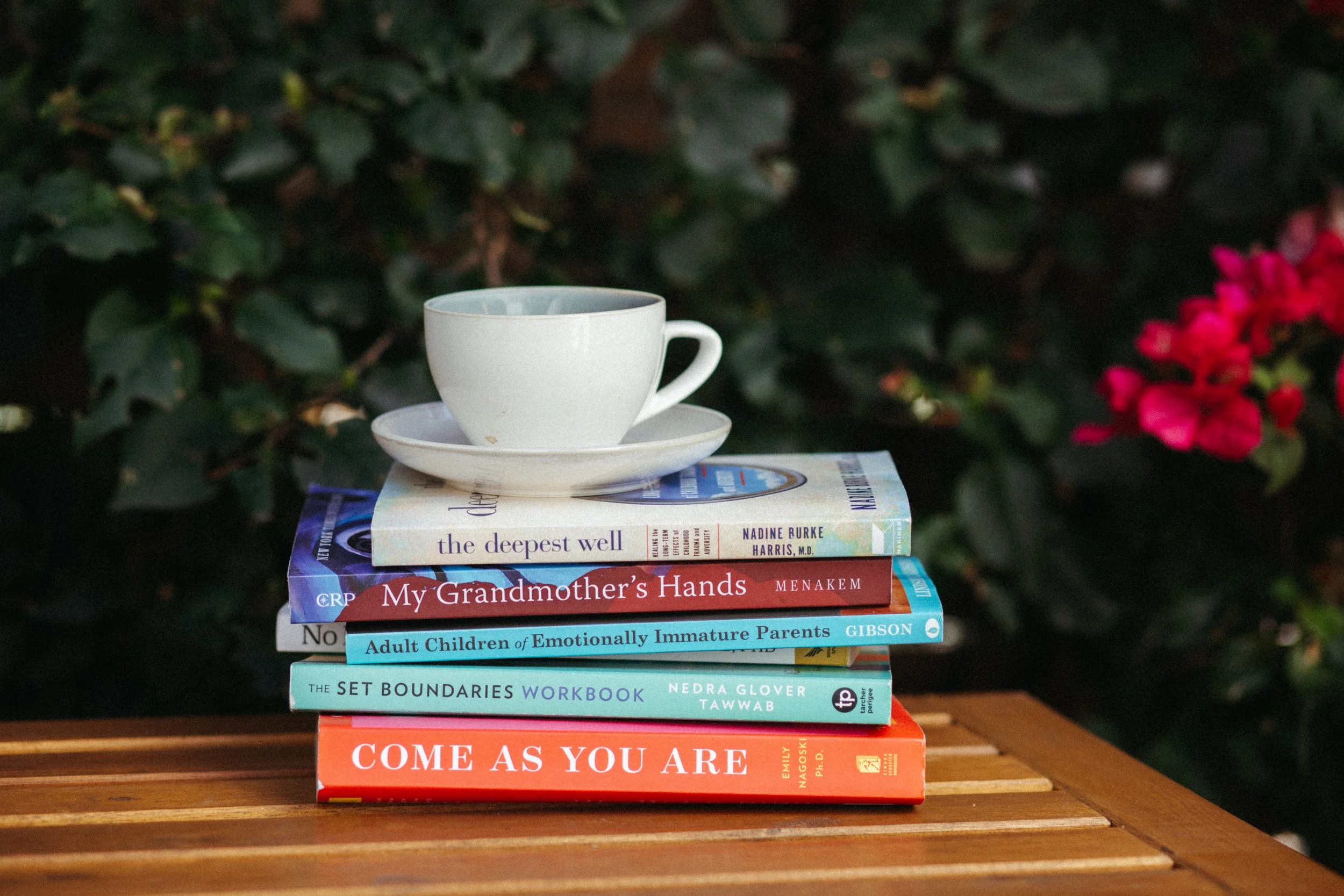 Stack of seven books with a white teacup on top. I offer services as a California online therapist, California trauma therapist, online therapist California, and virtual therapist California, including support as an EMDR therapist near, trauma work.