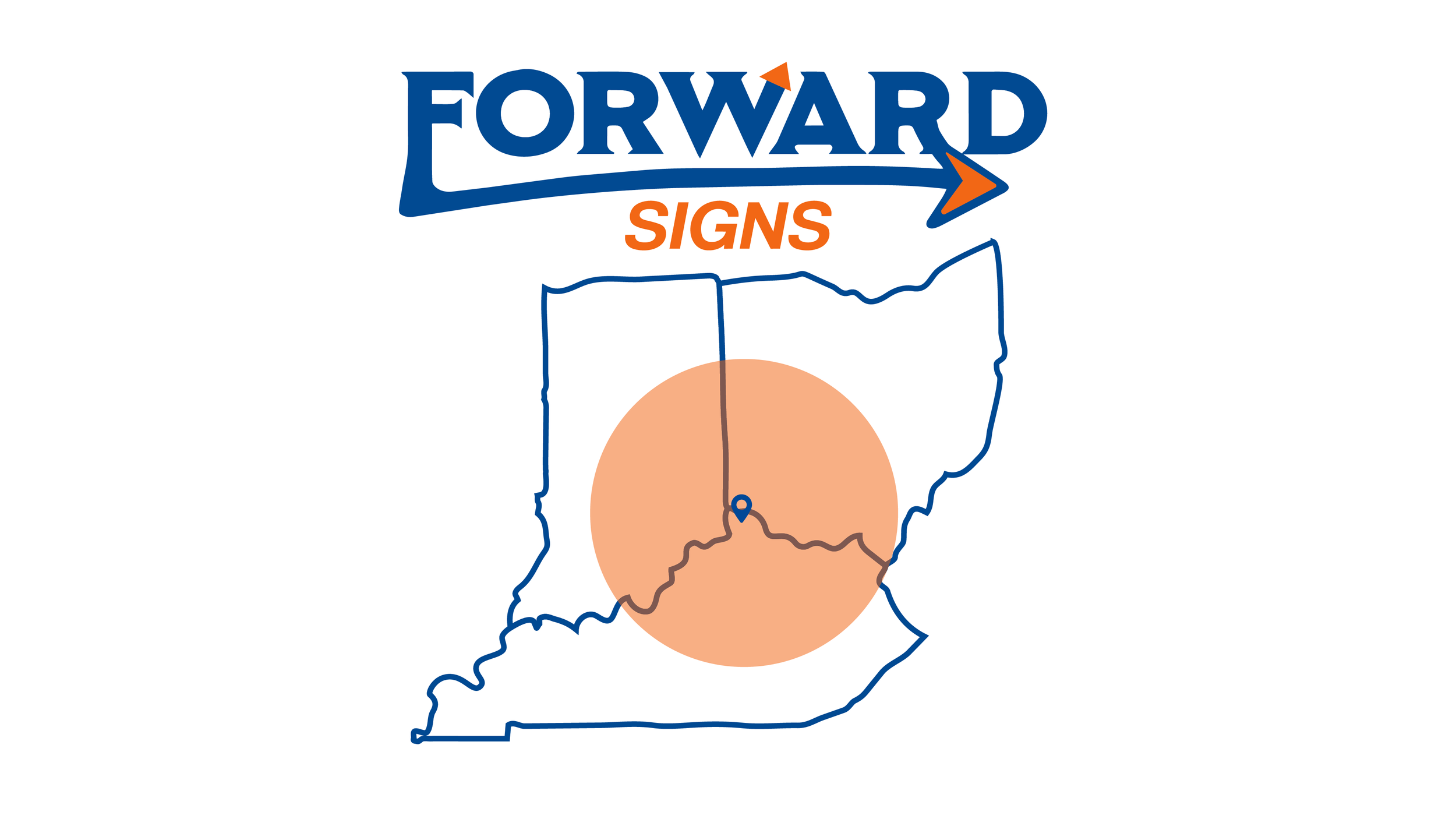 Map of Indiana showing a central location with a shaded orange circle, with text and arrows above indicating 'Forward Signs'