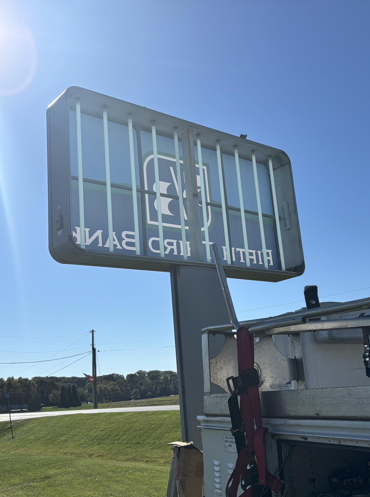 Pylon sign maintenance in progress in Kentucky.