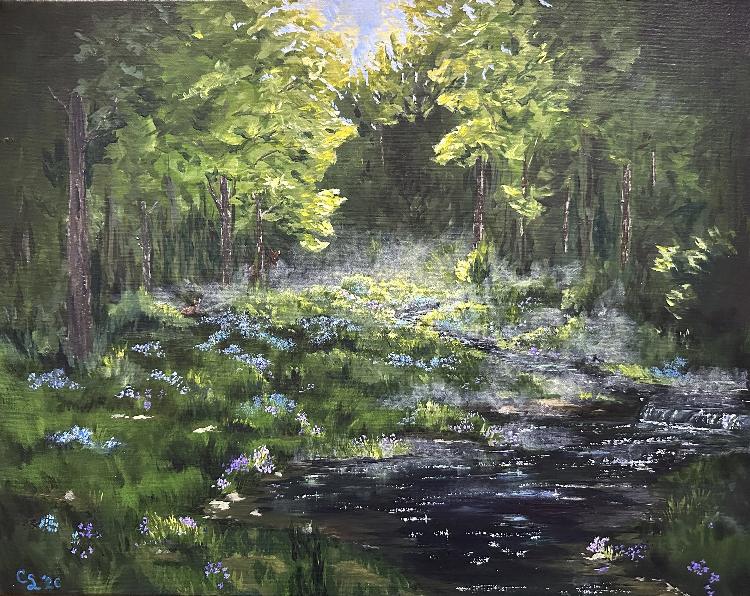 “Wooded Glen - 1”, 2026. Acrylic on Canvas. 16”x20”. Available at Dogwood Vintiques. Not available for shipping. 