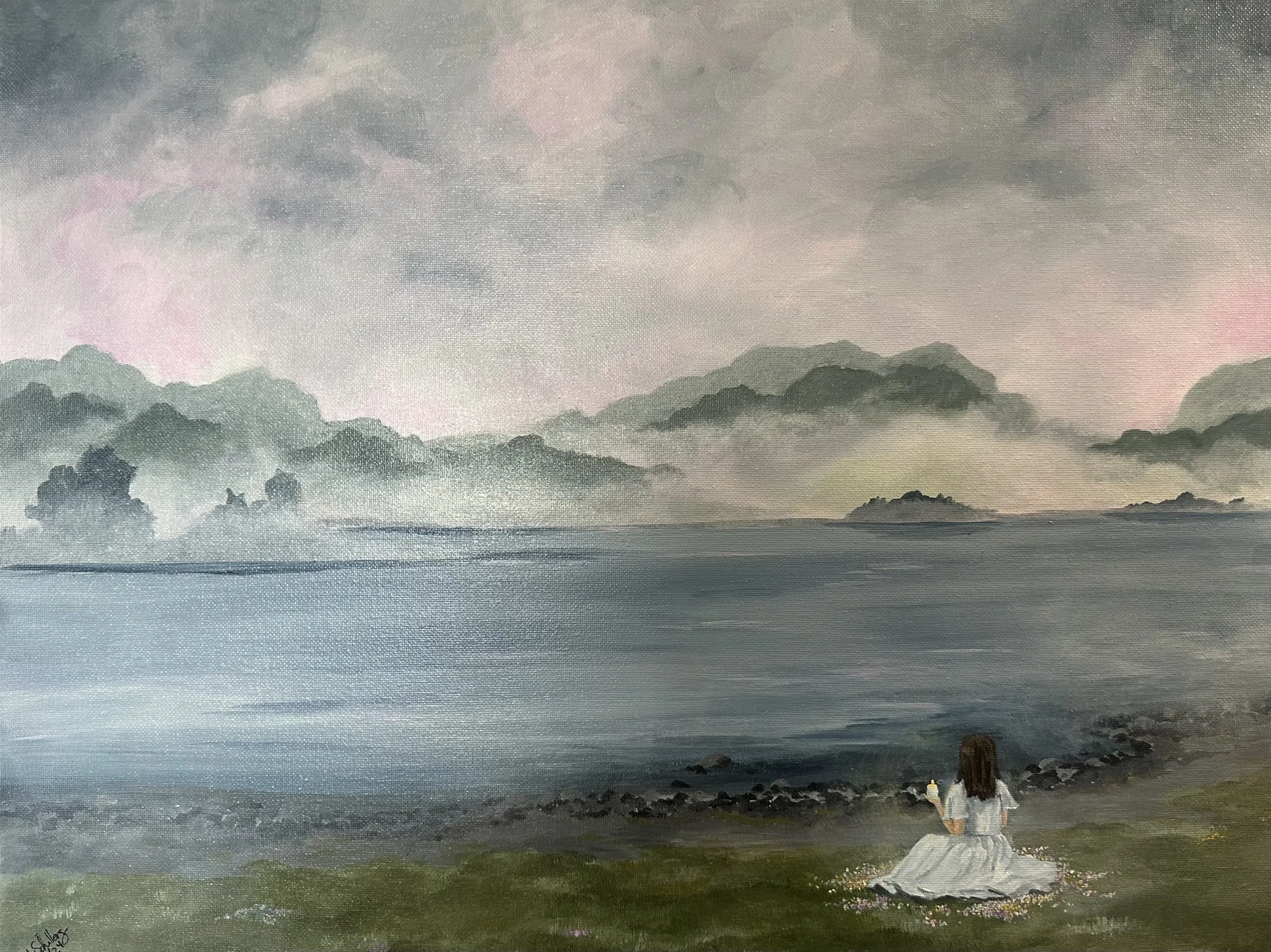 Mist Lake, 2024. Acrylic on Canvas. 16”x20”.