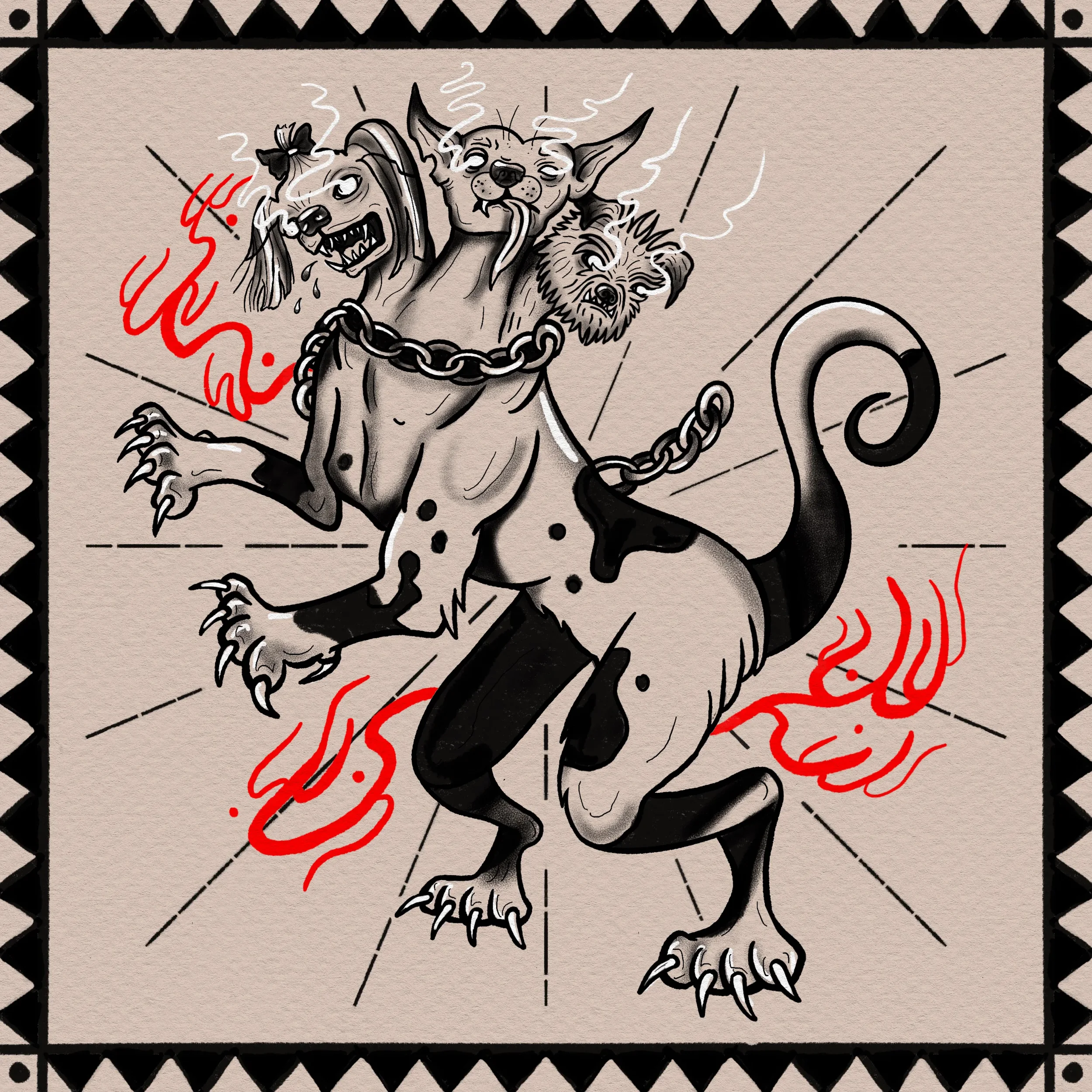 Ein dämonischer Löwenmensch mit schwarzen Flecken, roten Flammen an den Händen und Füßen, einer Kette um den Hals, und drei monsterähnliche Köpfe auf den Schultern, der in einer Kampfstellung steht.