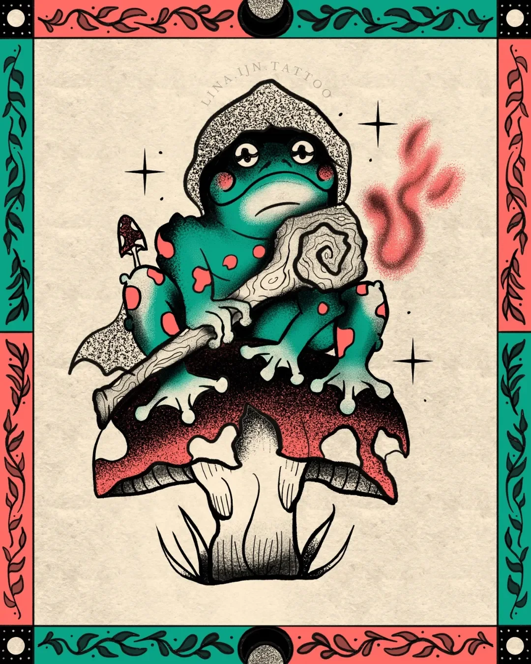 Kunstzeichnung eines Frosches mit Pilz, auf einem Pilz sitzend, mit einem Baumstamm, Dampf oder Rauch auf der Seite, umrahmt von bunten Rahmen mit Mandala-Elementen und einem Mond.