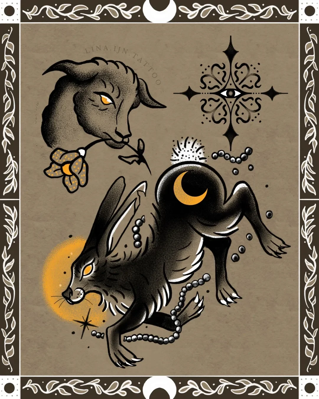 Ein Tarot-Tattoo mit einem schwarzen Wolf, einer Ziege, einem Mond und astrologischen Symbolen, umgeben von einem schwarz-weißen dekorativen Rahmen.