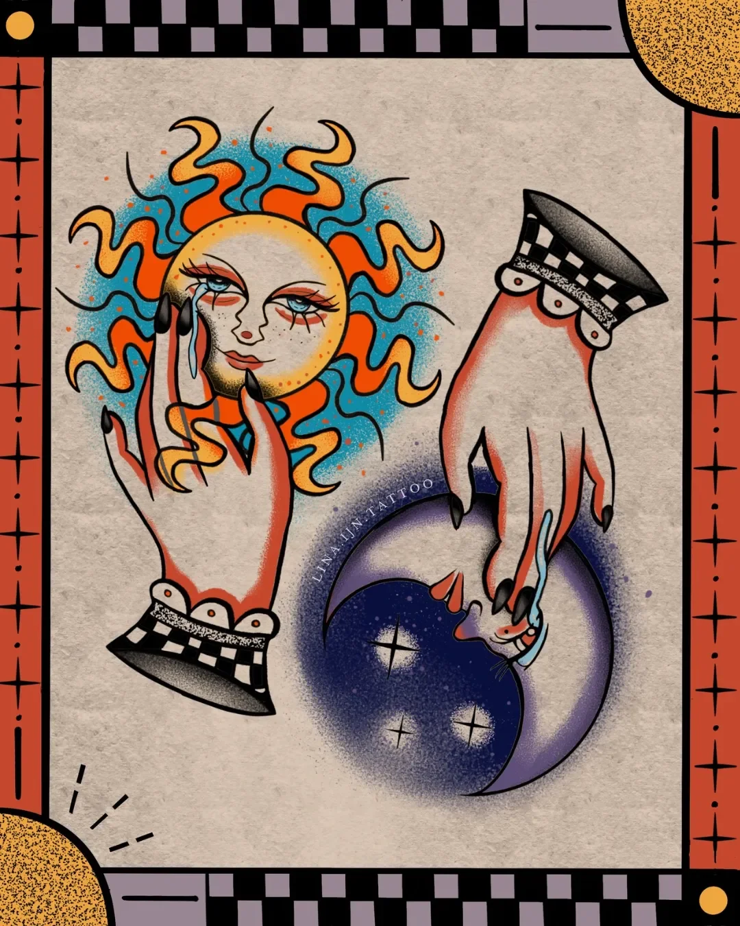 Ein Tätowierungsdesign mit einer animierten Sonnengottheit, die eine mondförmige Erscheinung mit Sternen hält. Die Sonne hat ein menschliches Gesicht mit blauen Augen und rötlichen Tränensäcken, umgeben von orange-rot-blauen Flammen. Zwei Hände mit l