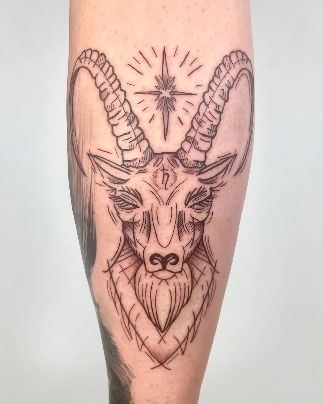 Tattoo eines Ziegenkopfs mit großen Hörnern und einem Stern, der über dem Kopf leuchtet, auf einem Unterarm.