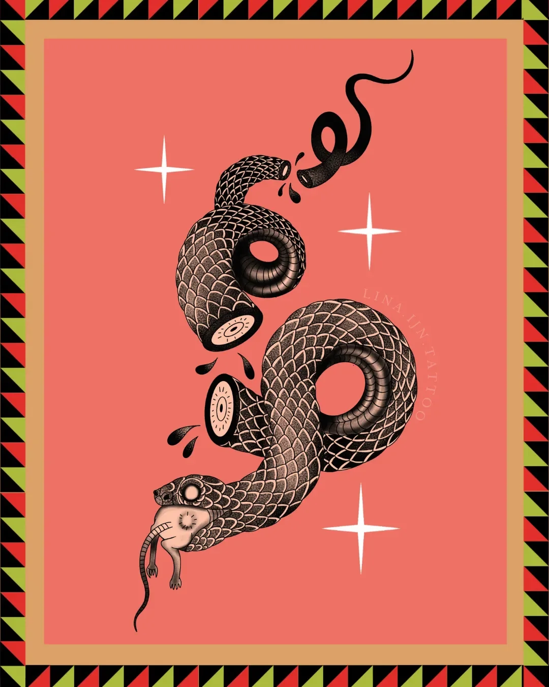 Tattoo-Design eines gekreuzten Schlangenmotivs auf rosa Hintergrund mit schwarzen, weißen und roten Akzenten und Sternen