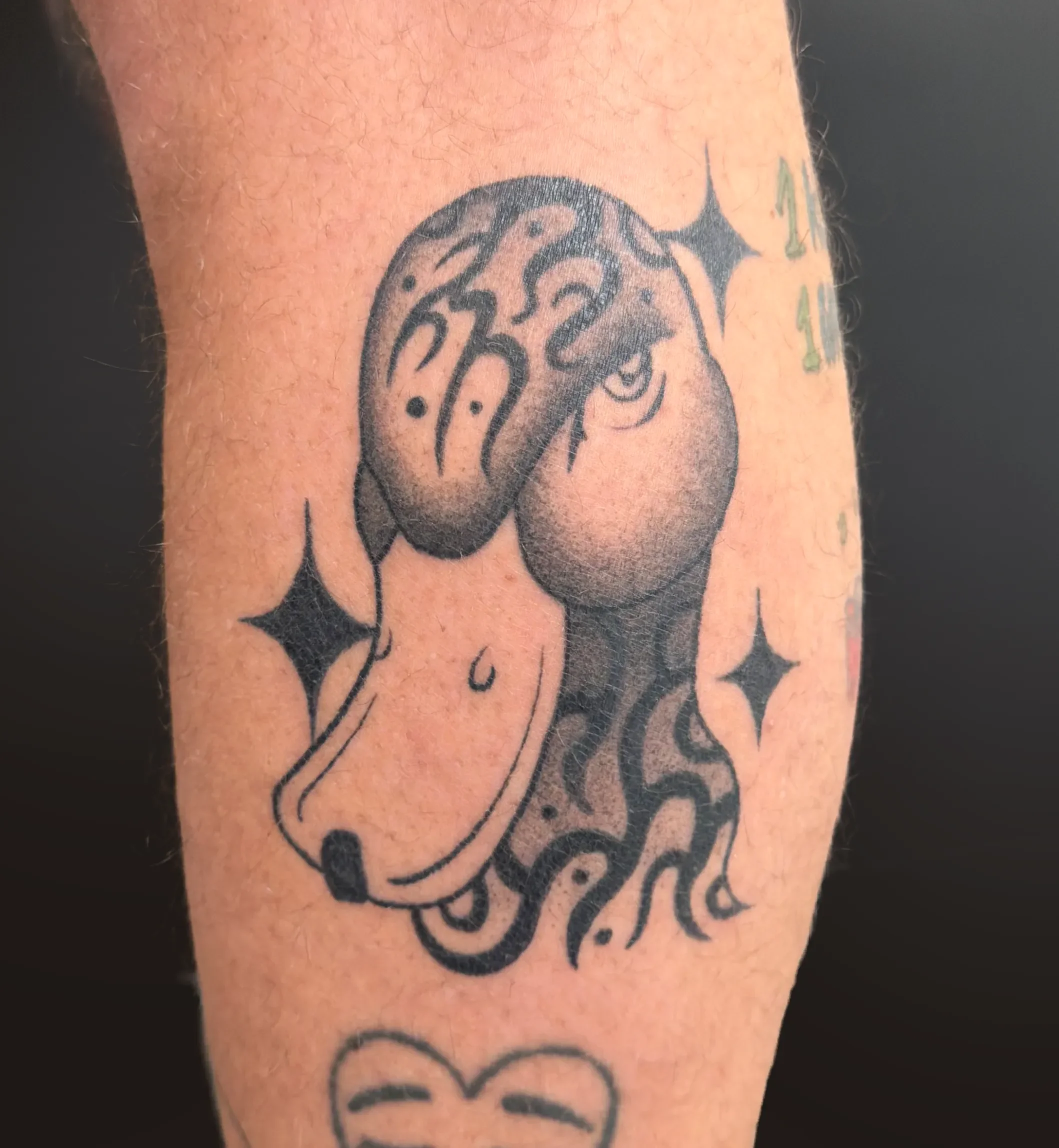 Tattoo eines Hundes mit einem Gehirn auf dem Kopf, umgeben von funkelnden Sternen.