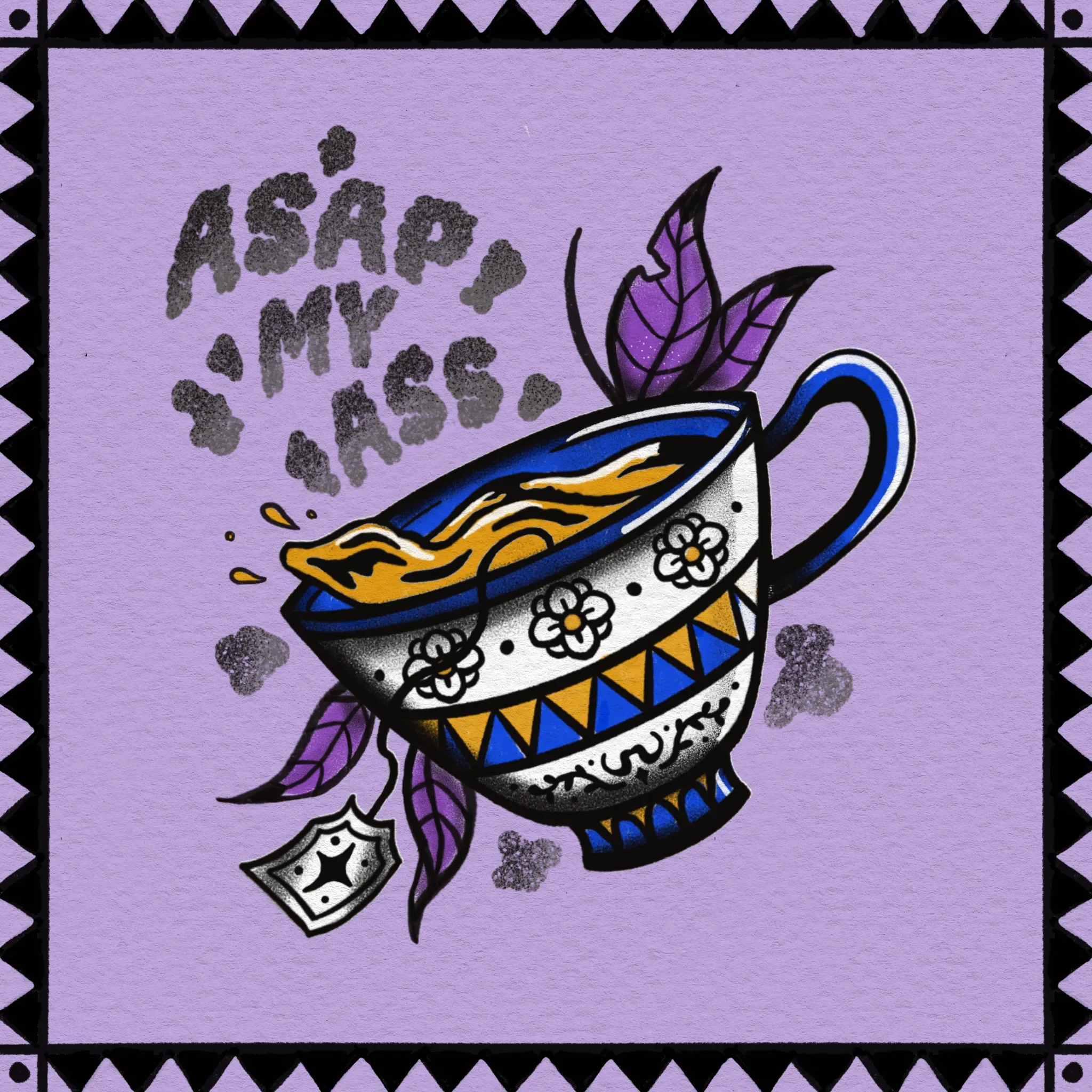 Illustration einer Tasse mit Mustern und Blumen auf lila Hintergrund, Teeblätter darin, mit dem Text 'A SAP M I SS' in Wölkchen