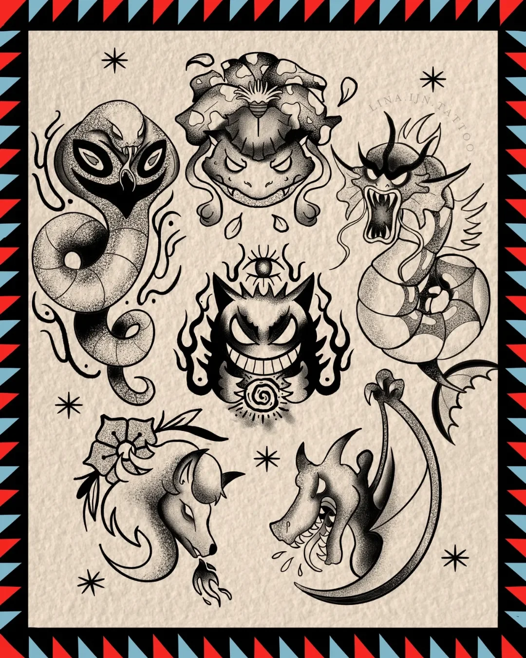 Schwarze und weiße Tattoo-Designs von verschiedenen Tieren und Monstern, darunter eine Katze, ein Drache, eine Schlange, ein Wolf, ein Löwe, eine Skeletteule, ein luftiger Geist und eine gasförmige Kreatur, alle mit detaillierten Schattierungen und M