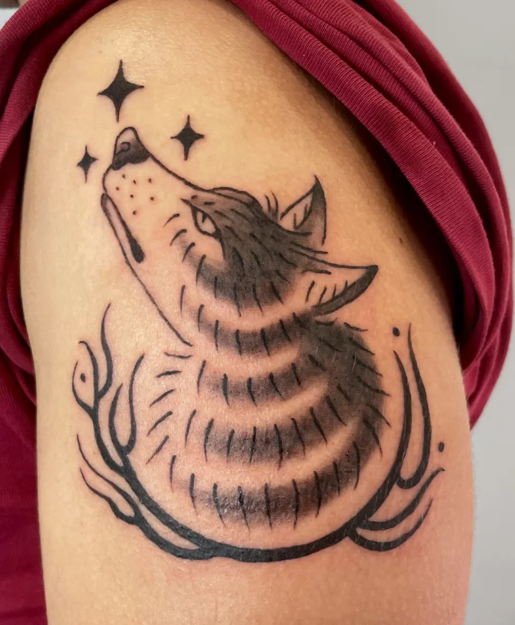 Tattoo eines heulenden Wolfskopf mit Sternen am oberen Ende des Widderkopfes auf dem Oberarm.
