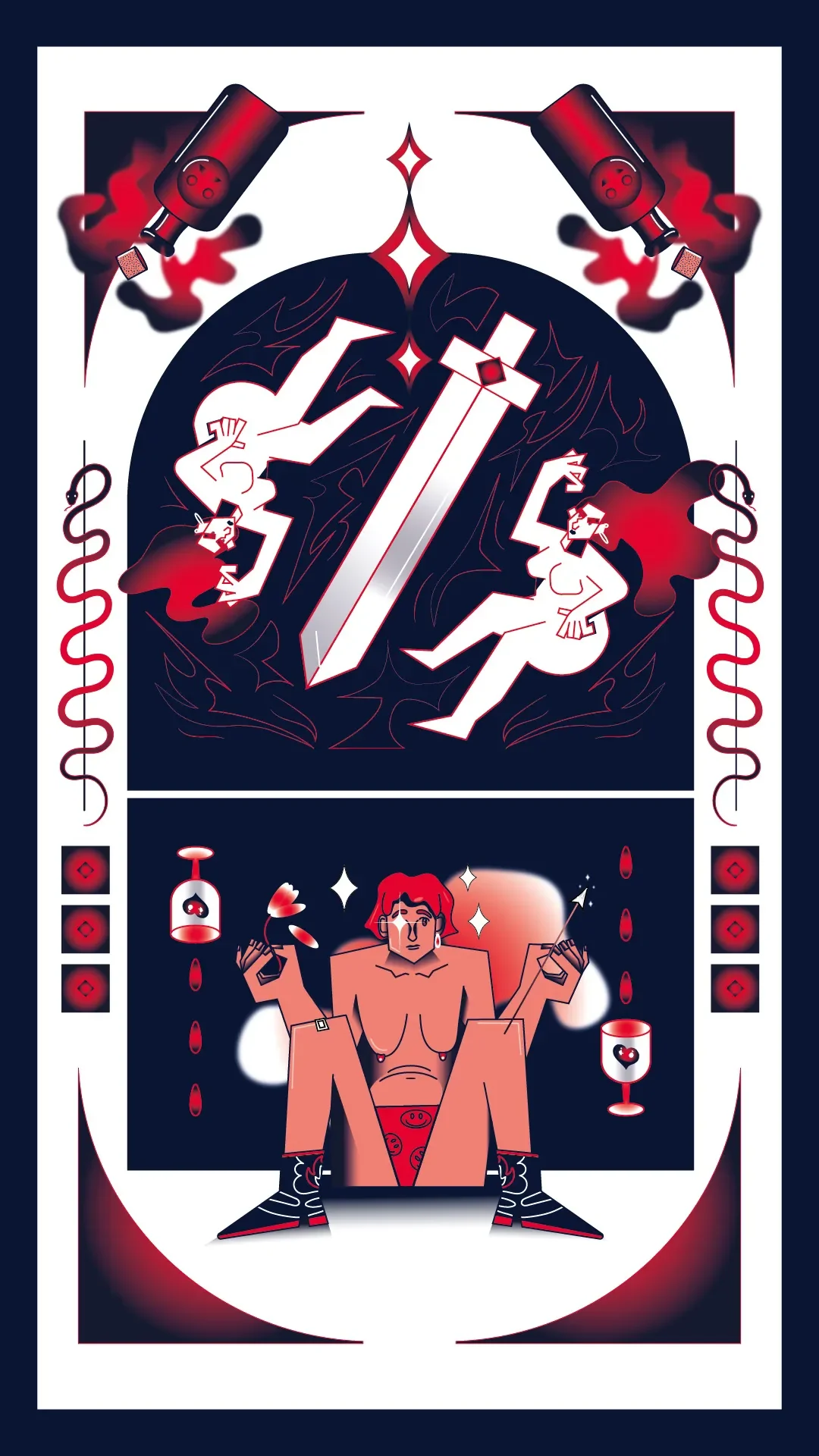 Ein stilisiertes, dramatisches Bild mit einer großen Waffe im Zentrum, umgeben von zwei weiblichen Figuren in aggressiver Haltung und Waffen, mit einer Frau im unteren Bereich, die eine Flasche und ein Glas mit Herzsymbol hält, alles in dunklen, kräf