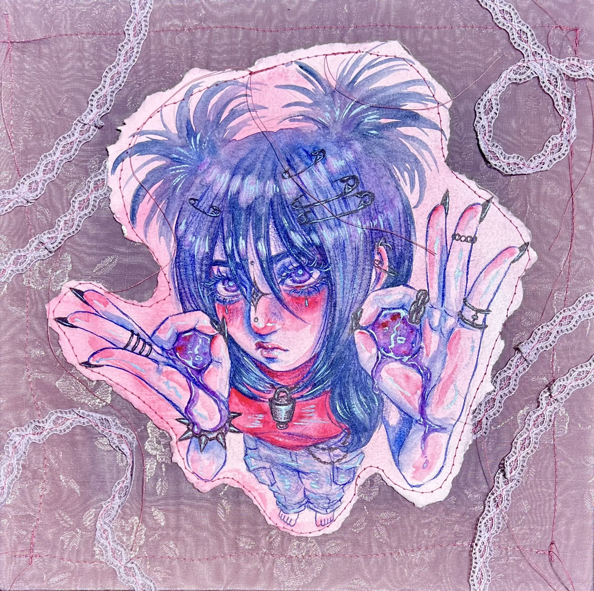 Soap Bubbles --- 10"x10"  ---  watercolor and colored pencil on paper and fabric ★ $85