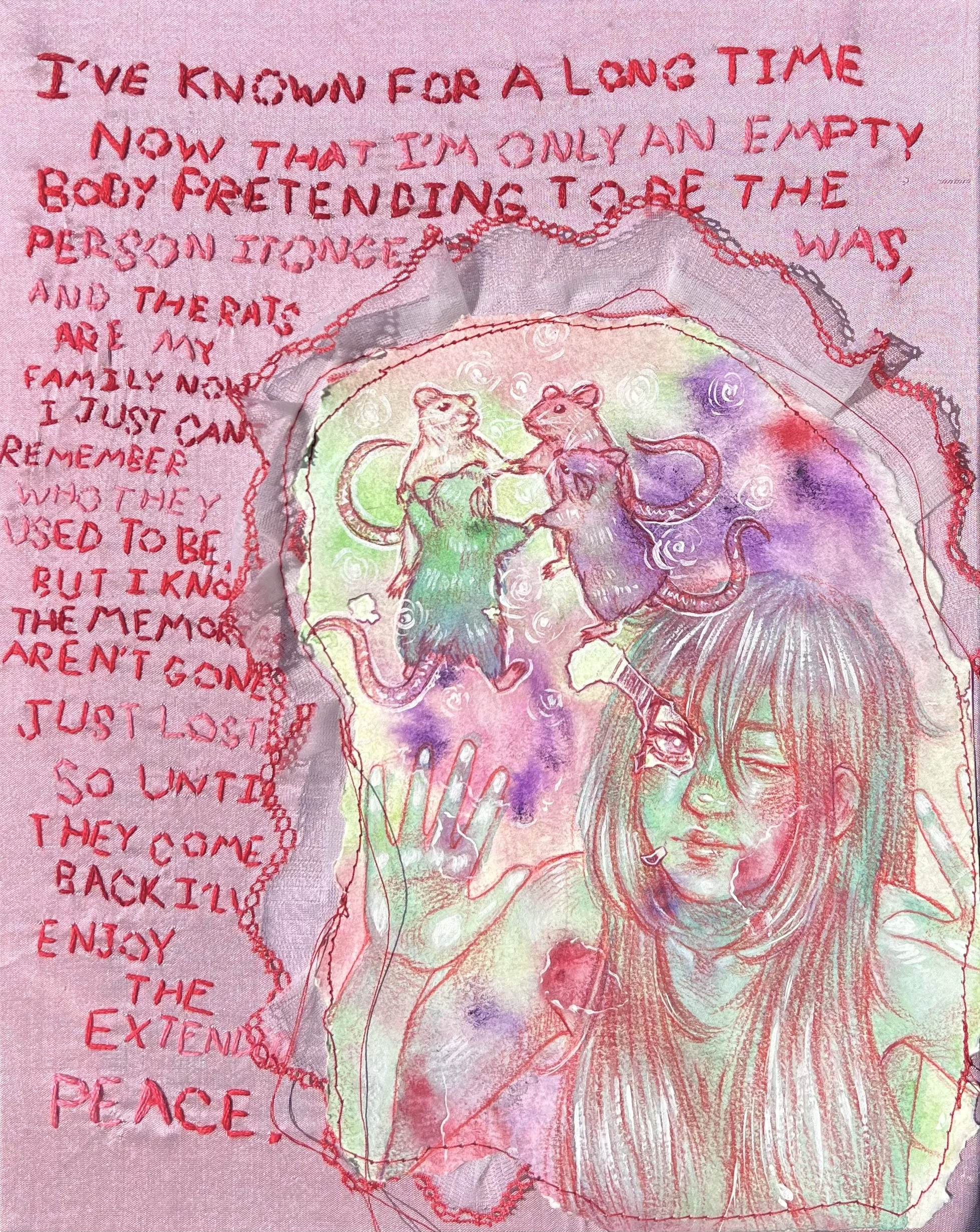 Watching the Rats Dance --- 10"x8"  ---  watercolor, colored pencil, and embroidery on paper and fabric ★ $75