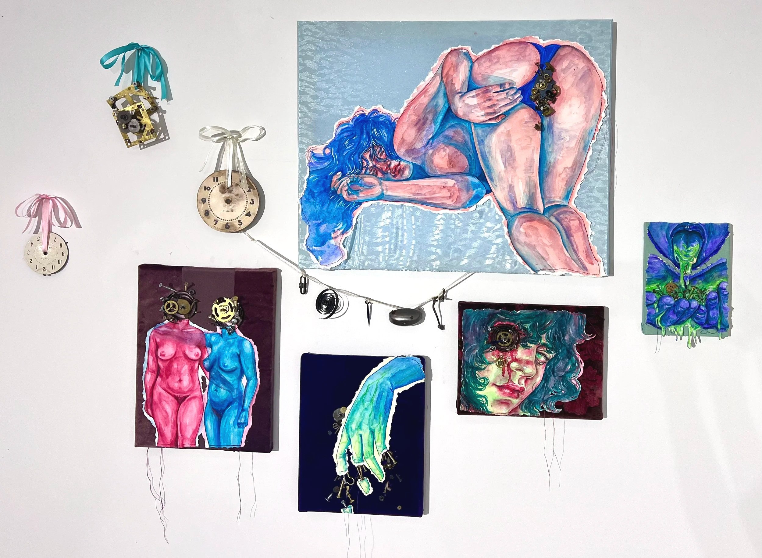 Clockwork Bodies ---  watercolor and clock parts on paper and fabric 