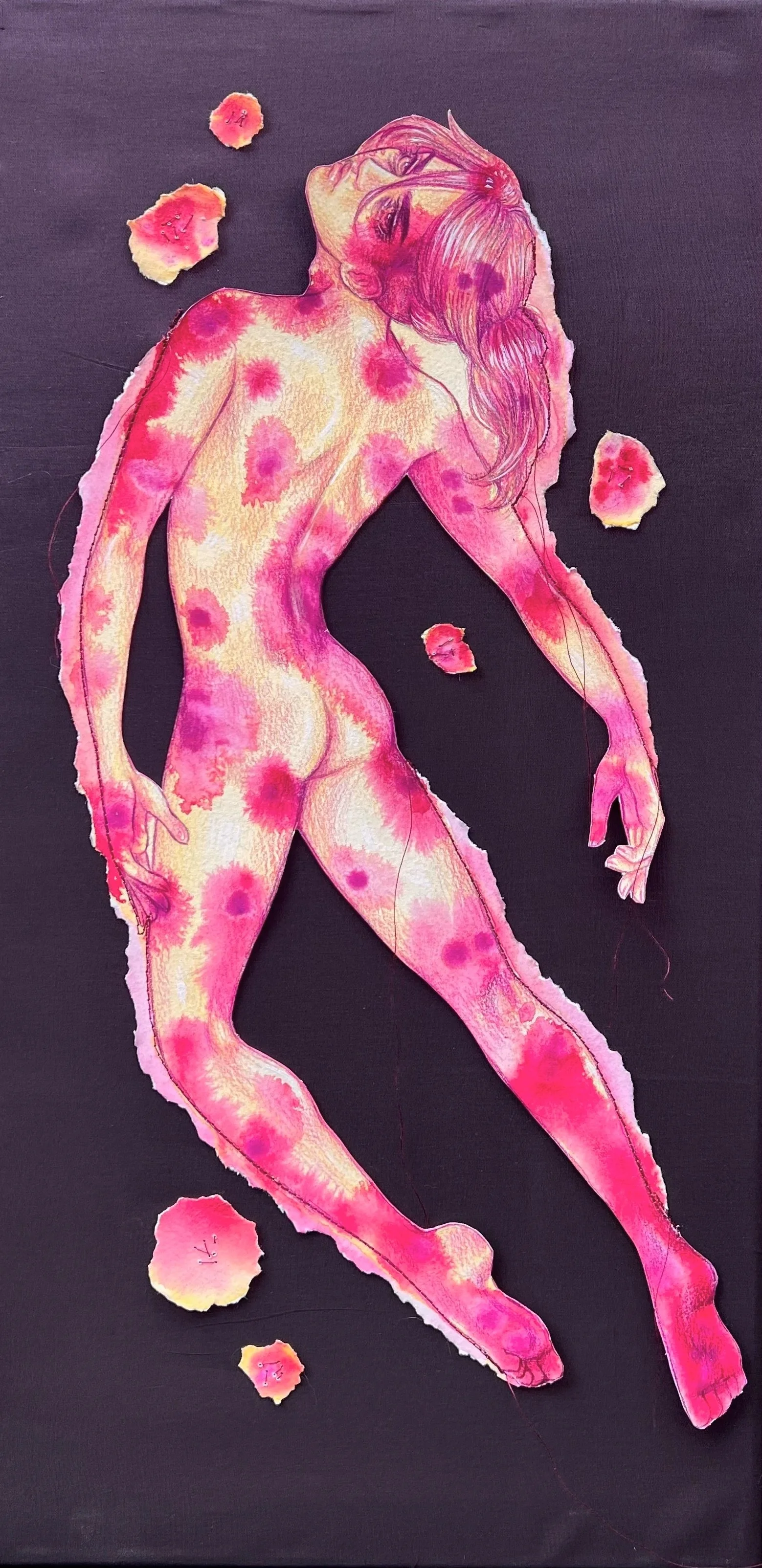 Siding with the Parasites --- 20"x10"  ---  watercolor and colored pencil on paper and fabric 