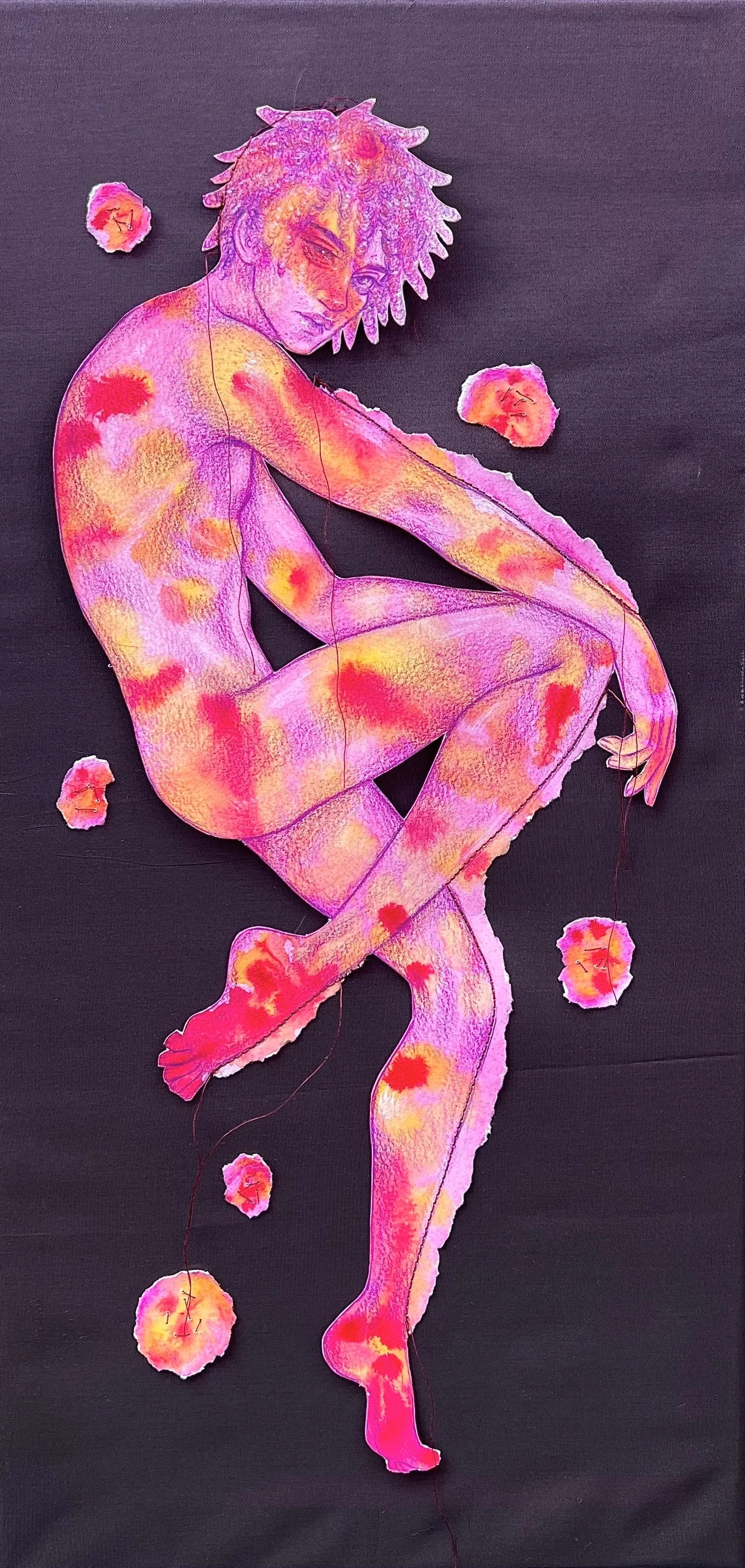 Siding with the Parasites --- 20"x10"  ---  watercolor and colored pencil on paper and fabric