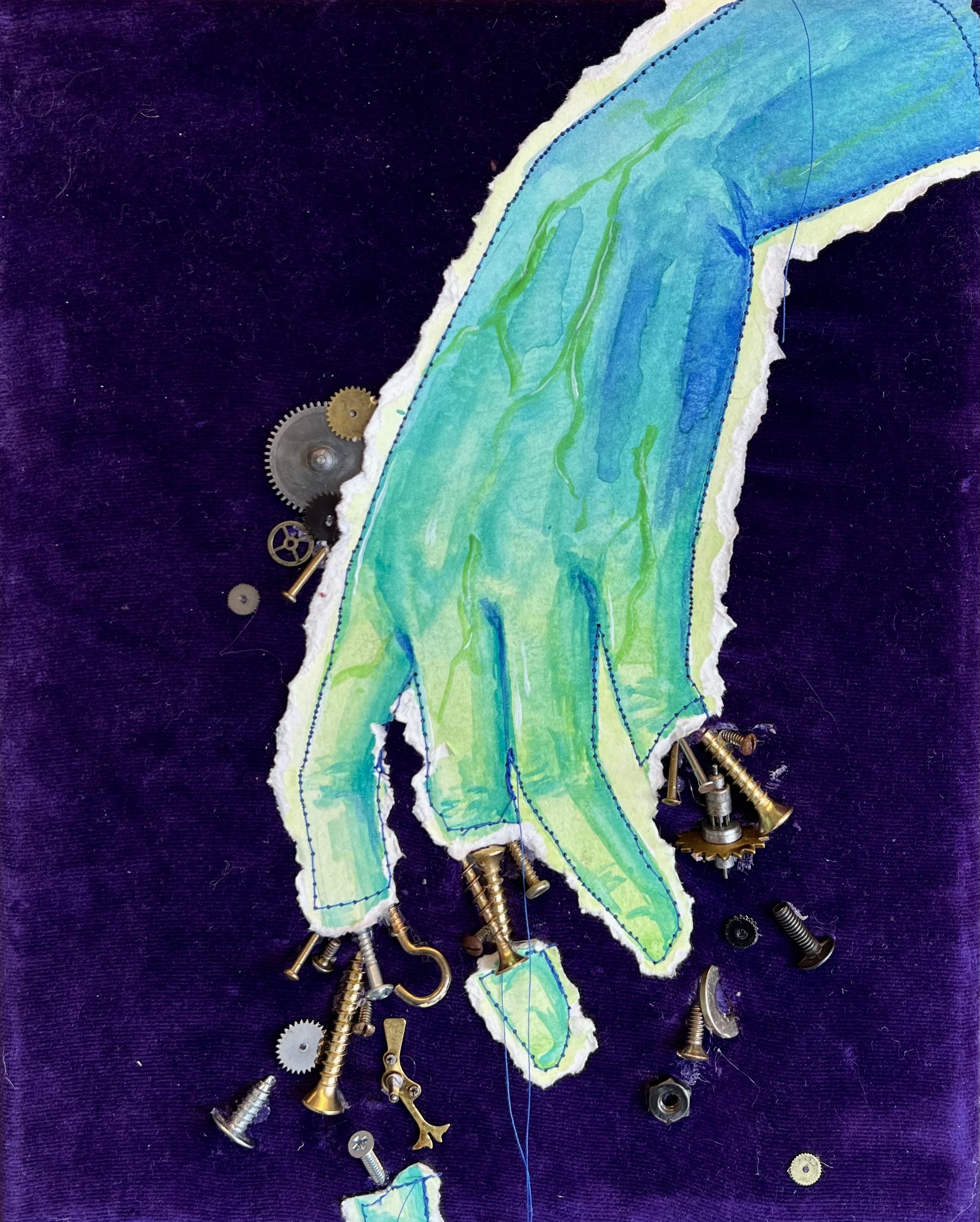 Clockwork Bodies #3 --- 10"x8"  ---  watercolor and clock parts on paper and fabric ★ $75