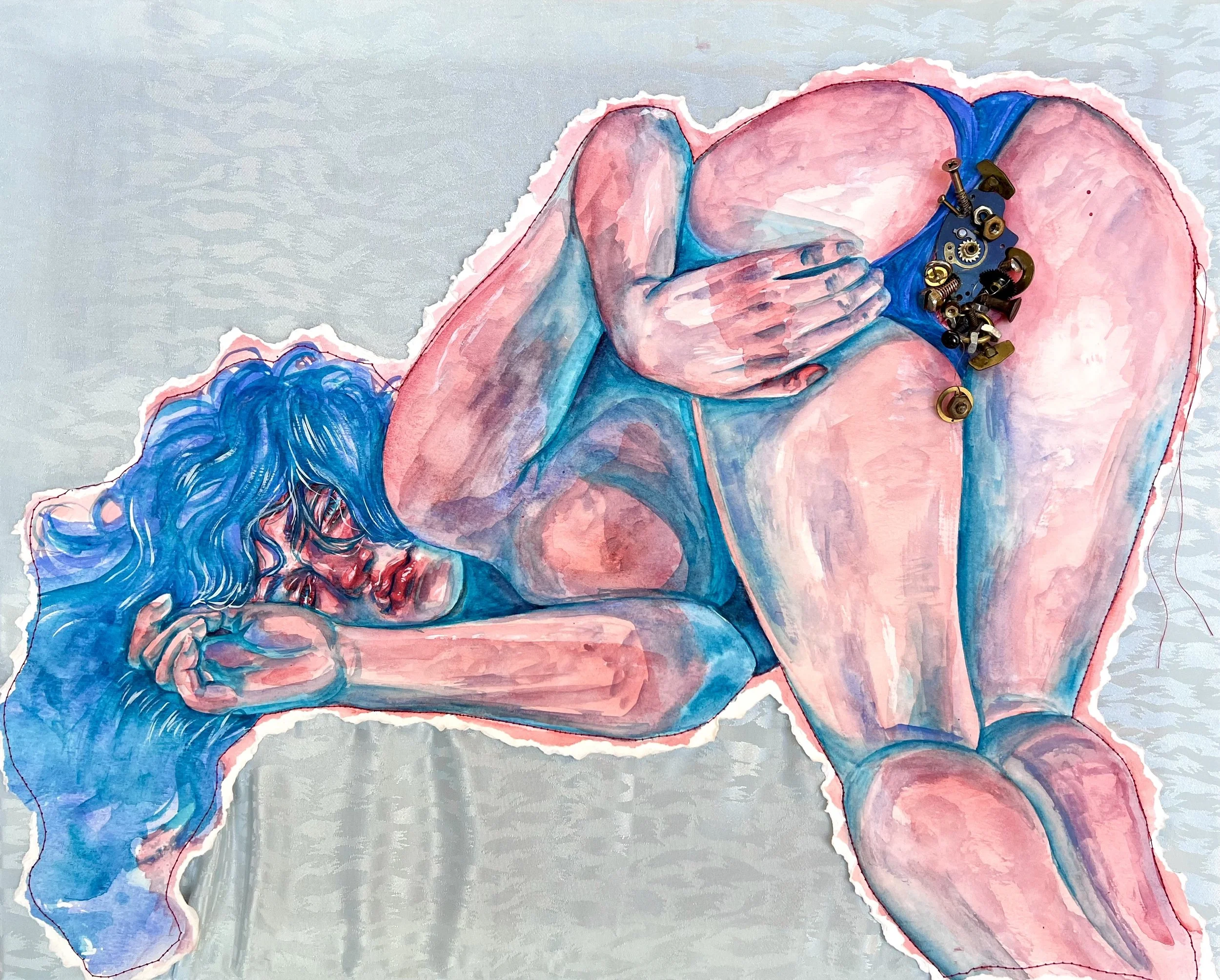 Clockwork Bodies #1 --- 16"x20"  ---  watercolor and clock parts on paper and fabric ★ $250