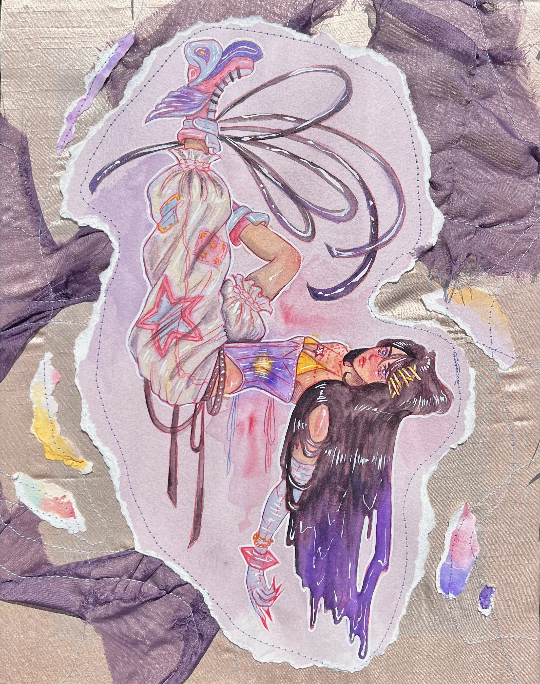 Ghost Hyacinth --- 14"x11"  --- watercolor and colored pencil on paper and fabric ★ $150