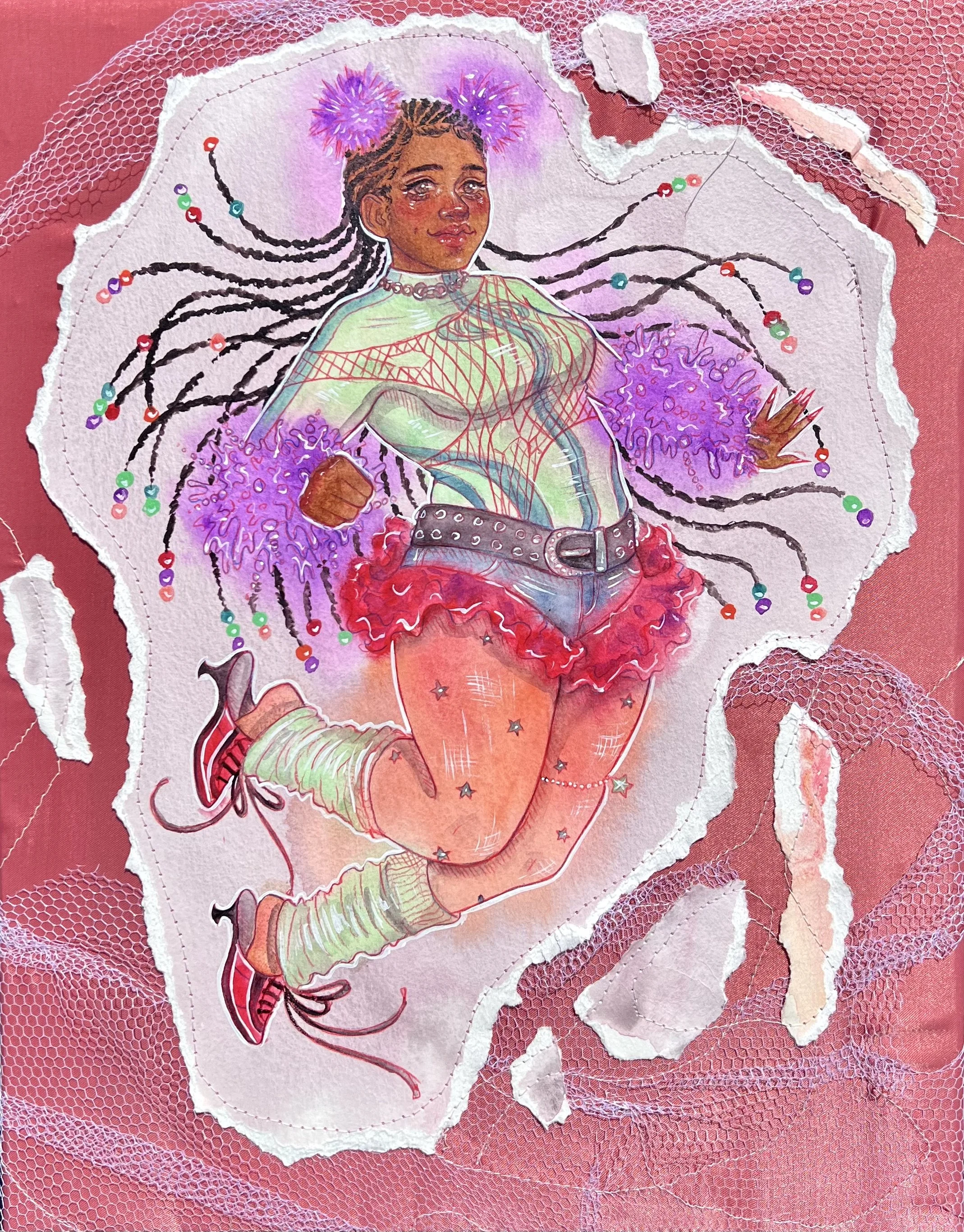 Floating Thistle --- 14"x11"  --- watercolor and colored pencil on paper and fabric ★ $150