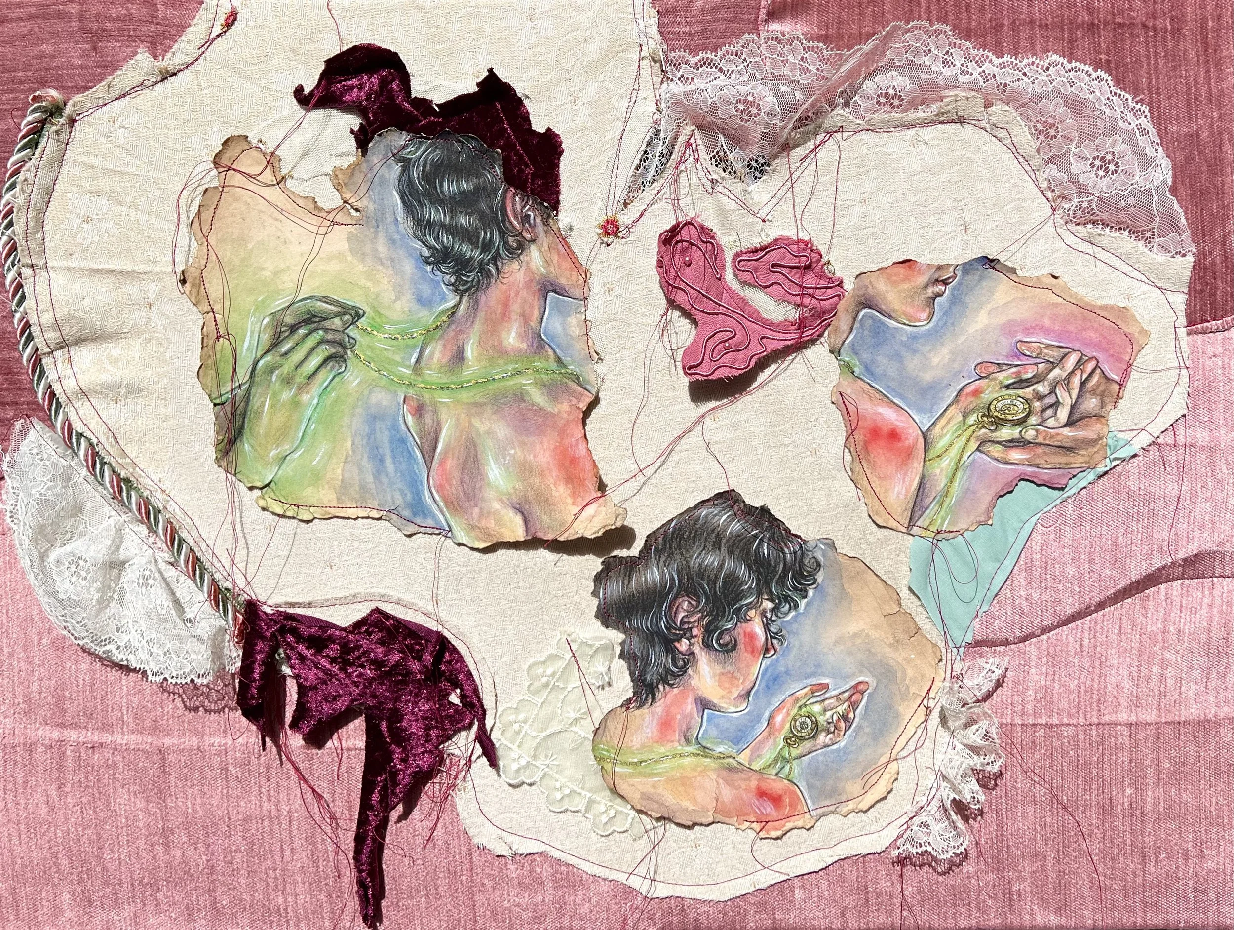 Pass It On --- 18"x24" --- watercolor and charcoal on paper and fabric 