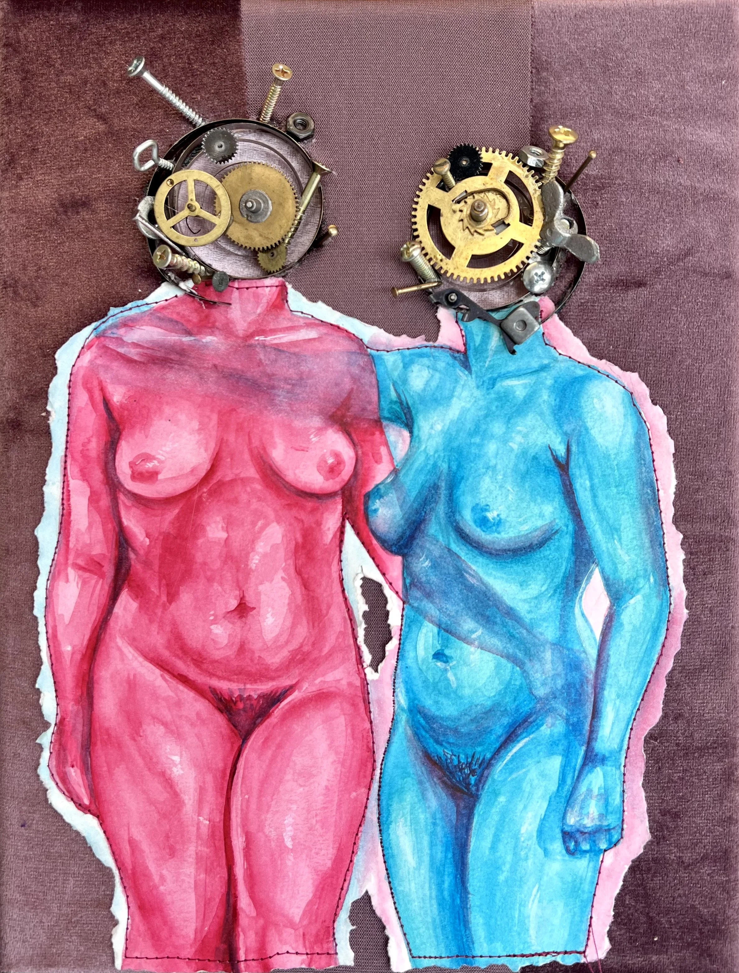 Clockwork Bodies #4 --- 12"x9"  ---  watercolor and clock parts on paper and fabric ★ $90