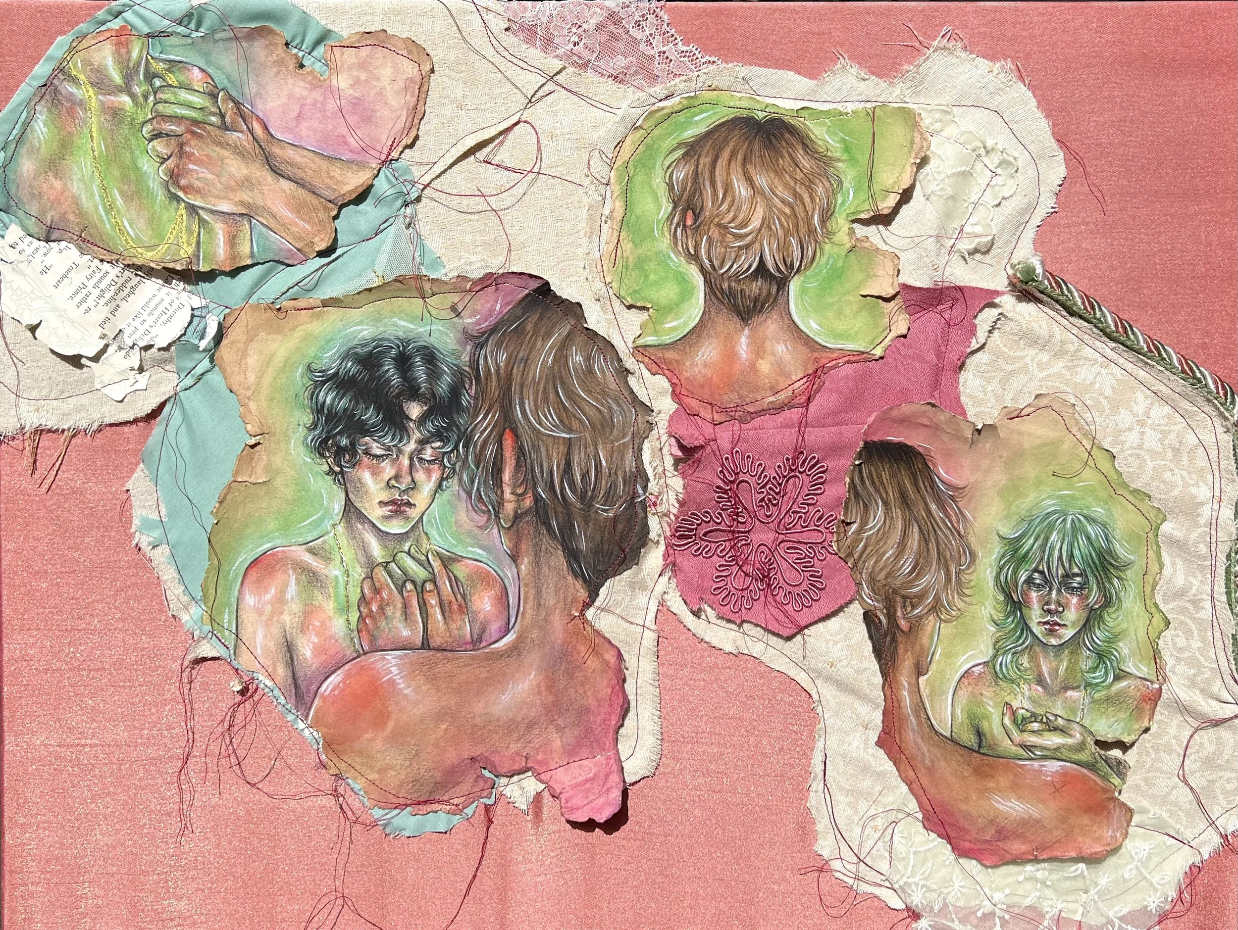 Pass It On --- 18"x24" --- watercolor and charcoal on paper and fabric 
