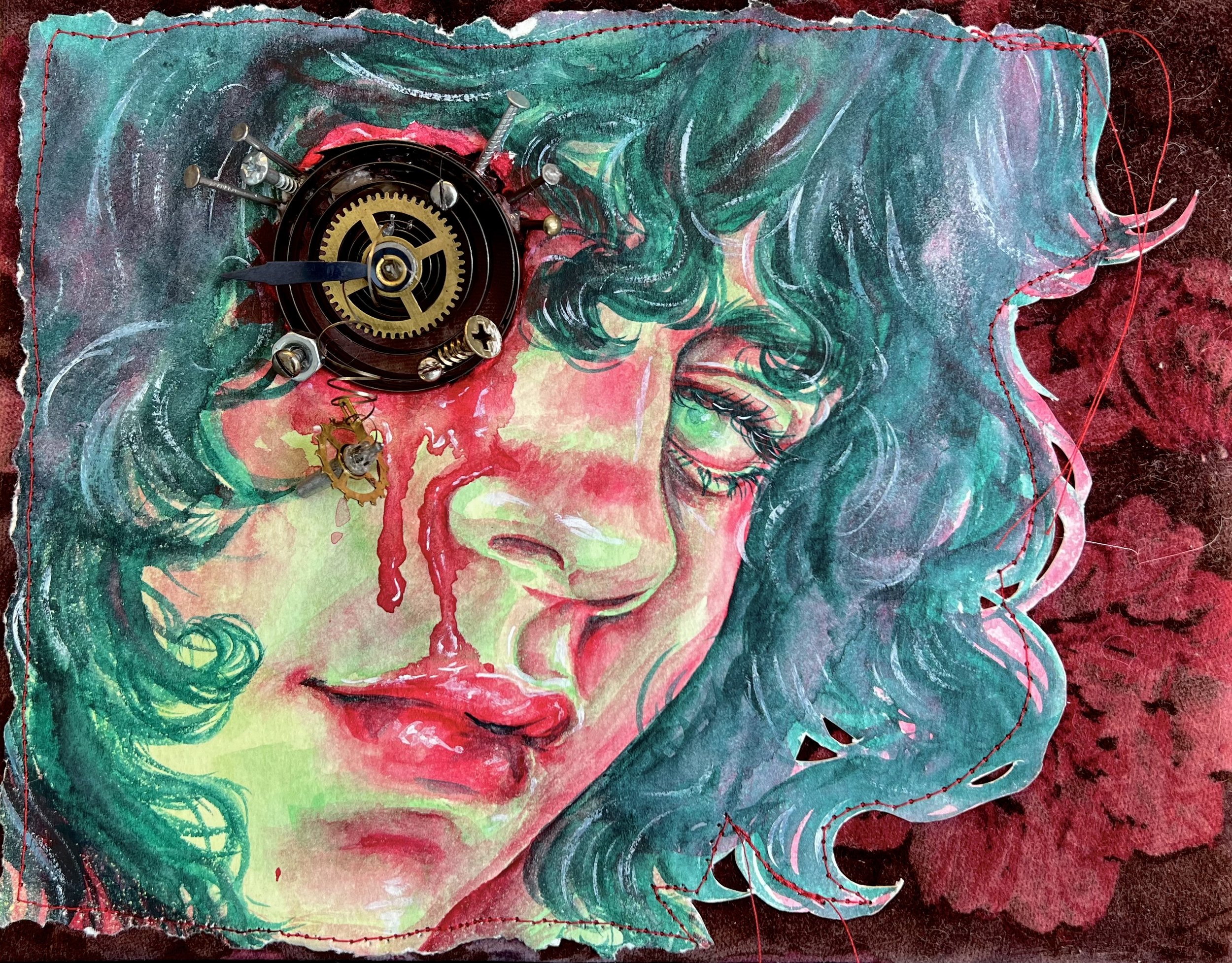 Clockwork Bodies --- 7"x9" --- watercolor and clock parts on paper and fabric ★ $75