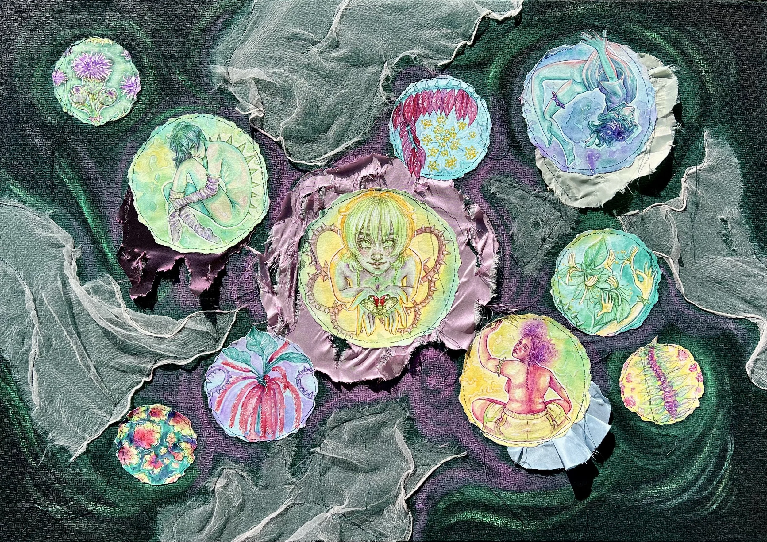 Parasite Invasion --- 24"x34"  ---  watercolor and colored pencil on paper and fabric ★ $650