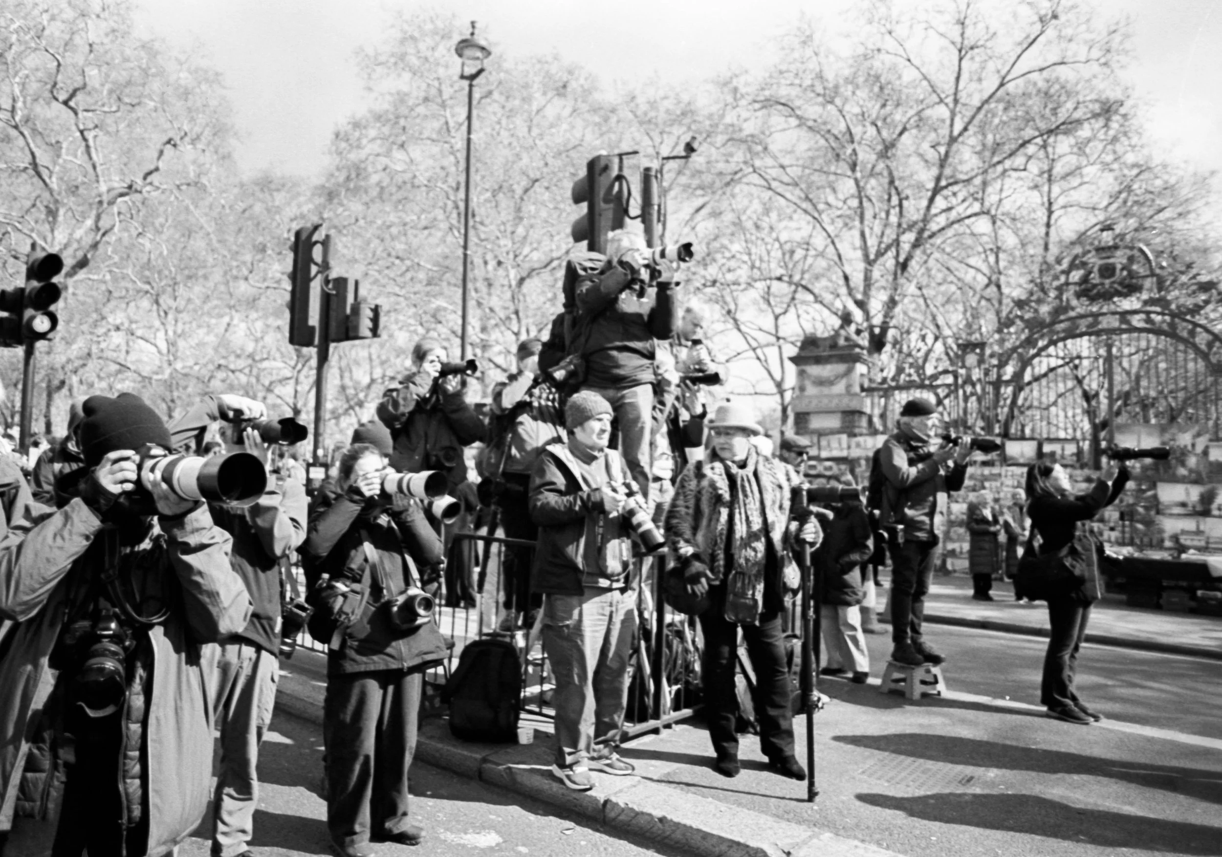 A group of photographers, both men and women, with professional cameras and telephoto lenses, capturing an event during daytime on a city street, with leafless trees and a park entrance visible in the background.