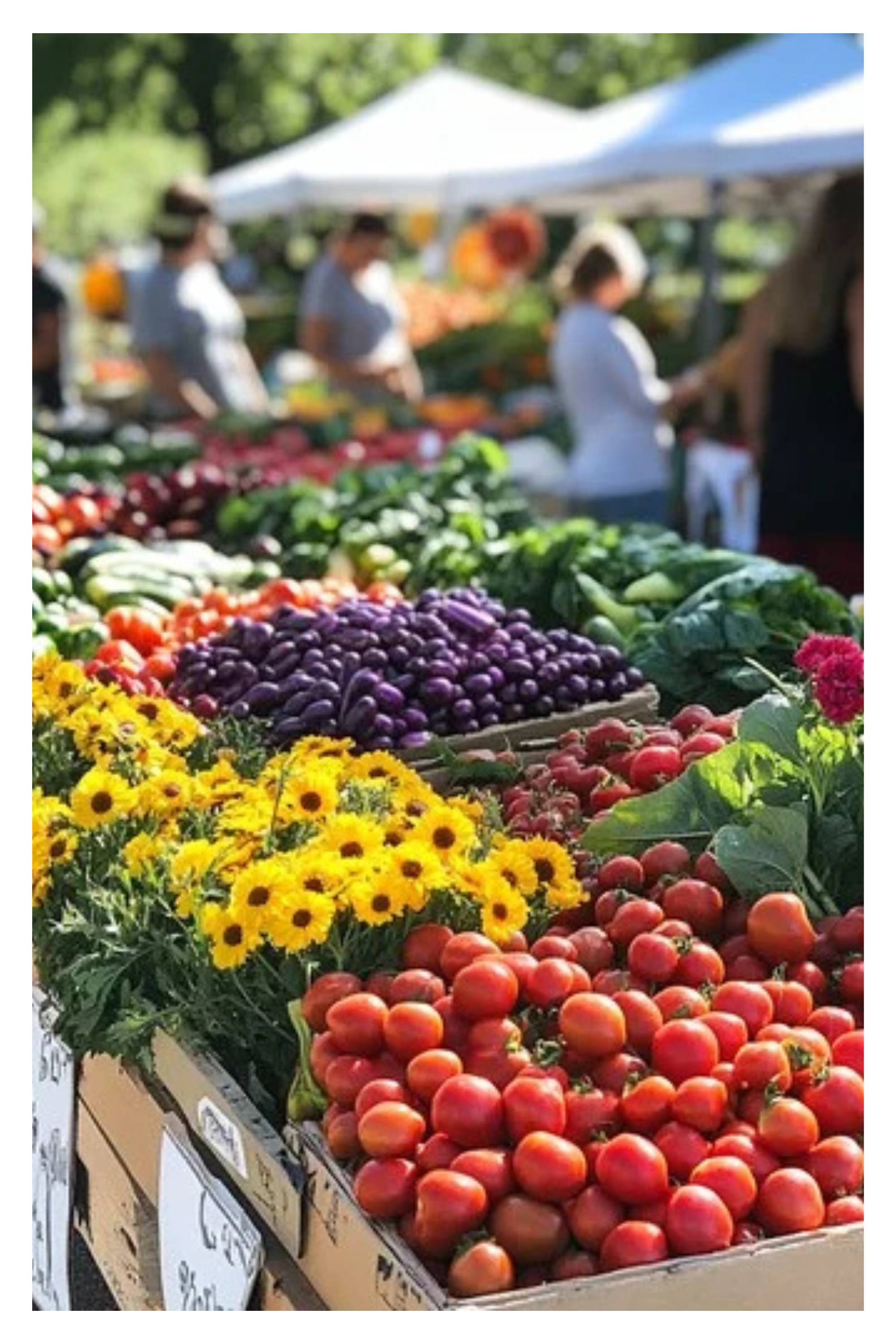 Fresh vegetables and flowers at an outdoor farmers market stall with white tents in the background.