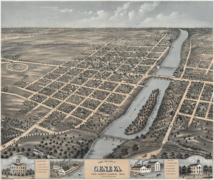 A detailed aerial map of Geneva, Illinois in 1850, showing streets, houses, a river running through the town, and various buildings.