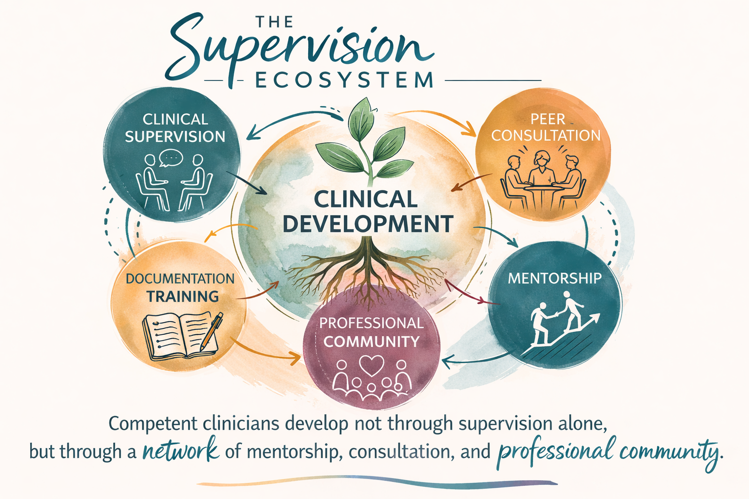 Clinical supervision ecosystem diagram showing therapist development supported by supervision, mentorship, peer consultation, documentation training, and professional community.