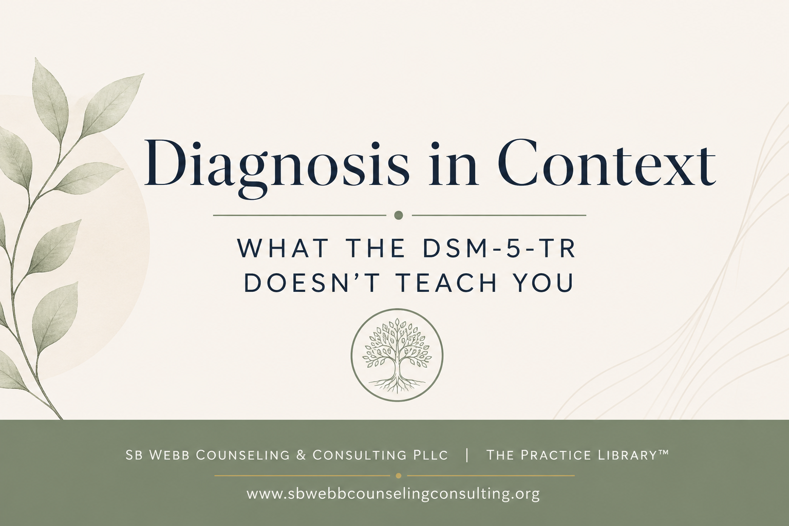 “Diagnosis in Context: What the DSM-5-TR Doesn’t Teach You,” representing clinical thinking, diagnostic formulation, and mental health education. Branded with SB Webb Counseling & Consulting PLLC | The Practice Library™.