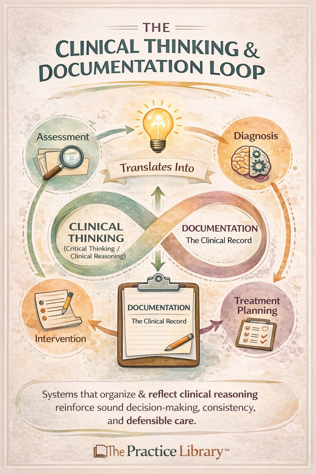 Clinical thinking and documentation loop diagram showing how clinical reasoning is translated into documentation and reinforces therapist decision-making