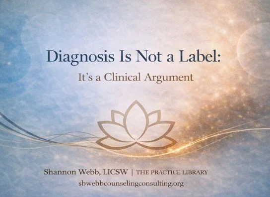 Presentation slide titled 'Diagnosis Is Not a Label: It's a Clinical Argument' by Shannon Webb, LICSW, from The Practice Library, with the website sbwebbcounselingconsulting.org.