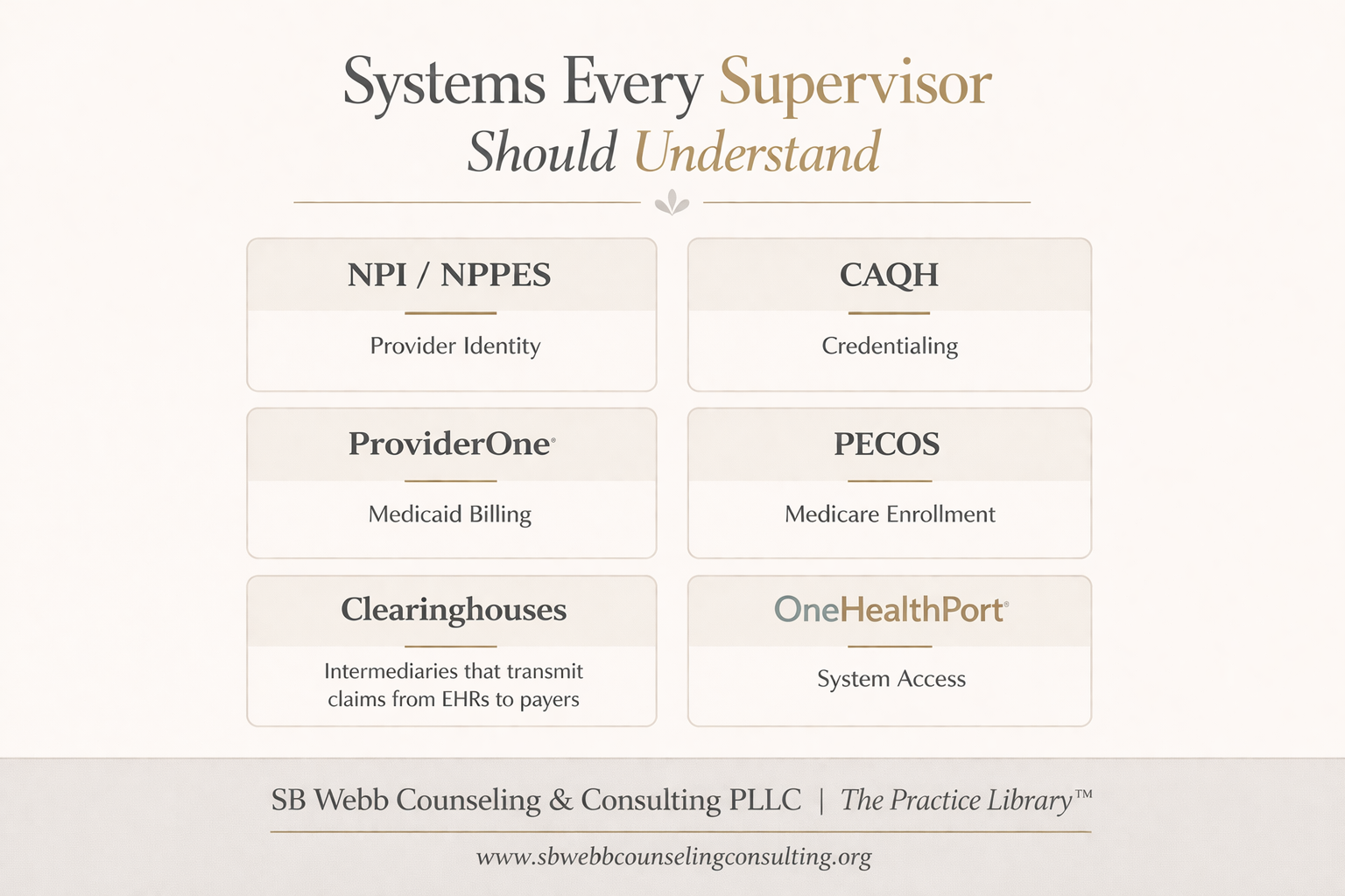 Educational graphic listing key systems for clinical supervisors including NPI/NPPES, CAQH, ProviderOne, PECOS, clearinghouses, and OneHealthPort for credentialing and billing.