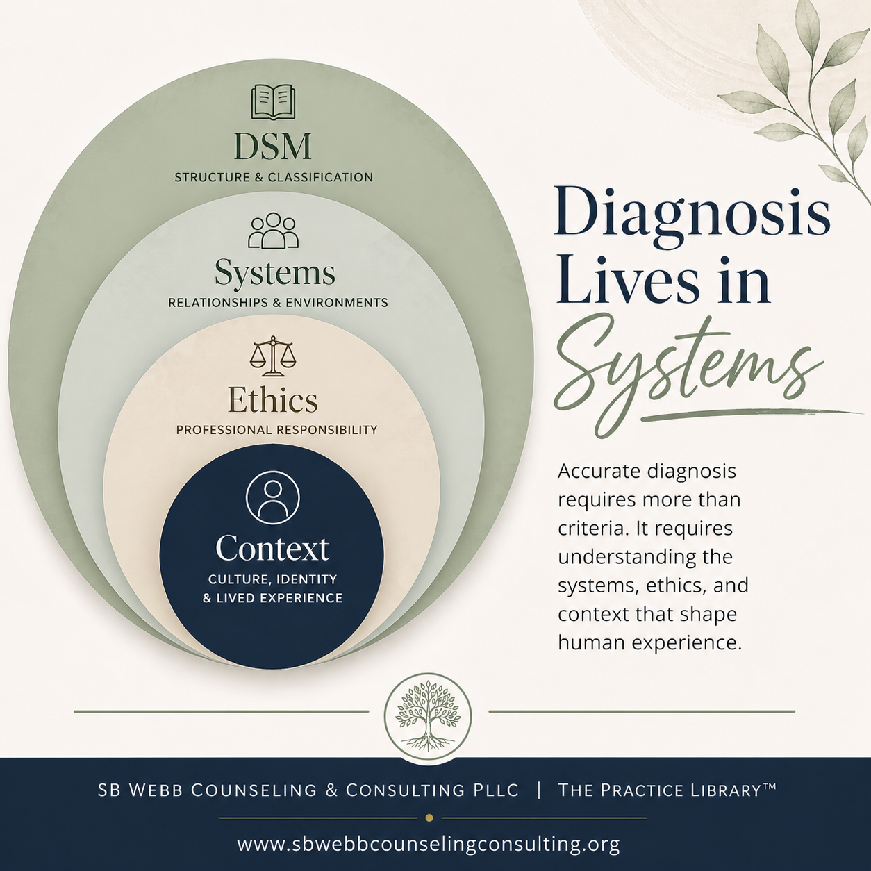 A layered circular diagram illustrating how diagnosis exists within multiple systems, including DSM structure, relational systems, ethical frameworks, and personal context.