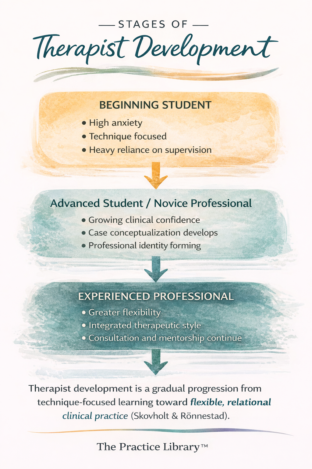 Stages of therapist development from early anxiety to clinical integration and confidence
