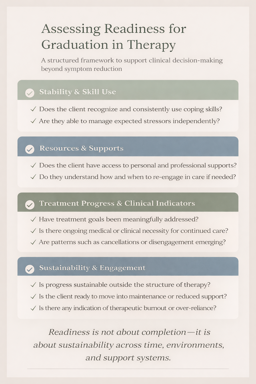 A clinical framework outlining key domains of readiness for graduation from therapy, including stability, skill use, external supports, and long-term sustainability.