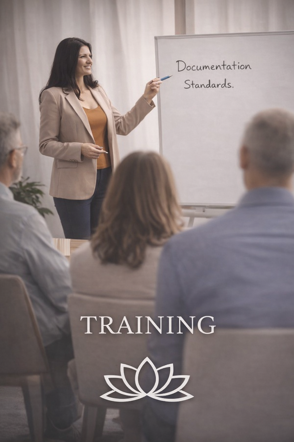 A woman giving a presentation to a seated audience about documentation standards, with the word 'TRAINING' and a lotus flower icon overlaid on the image.