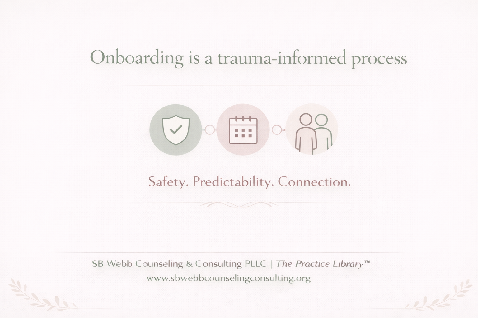 Graphic reading “Onboarding is a trauma-informed process” with the words “Safety. Predictability. Connection.” emphasizing core principles of trauma-informed practice in organizational settings.