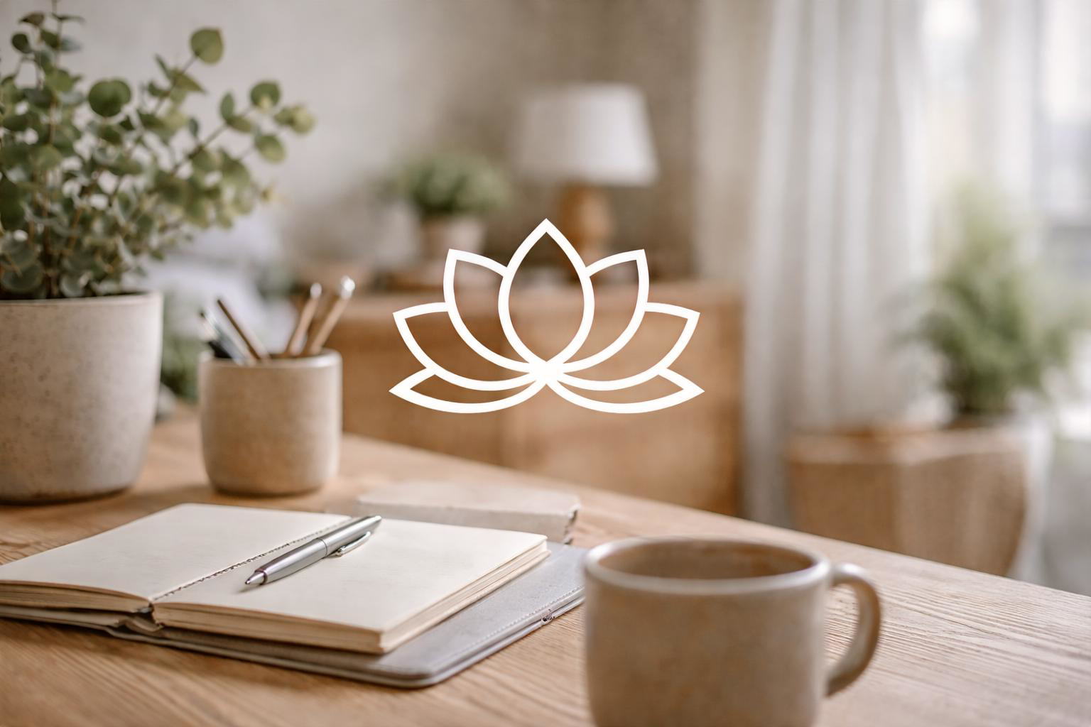 A cozy workspace with a notebook, pen, potted plants, and a coffee mug on a wooden table, with soft natural light coming through a window in the background.