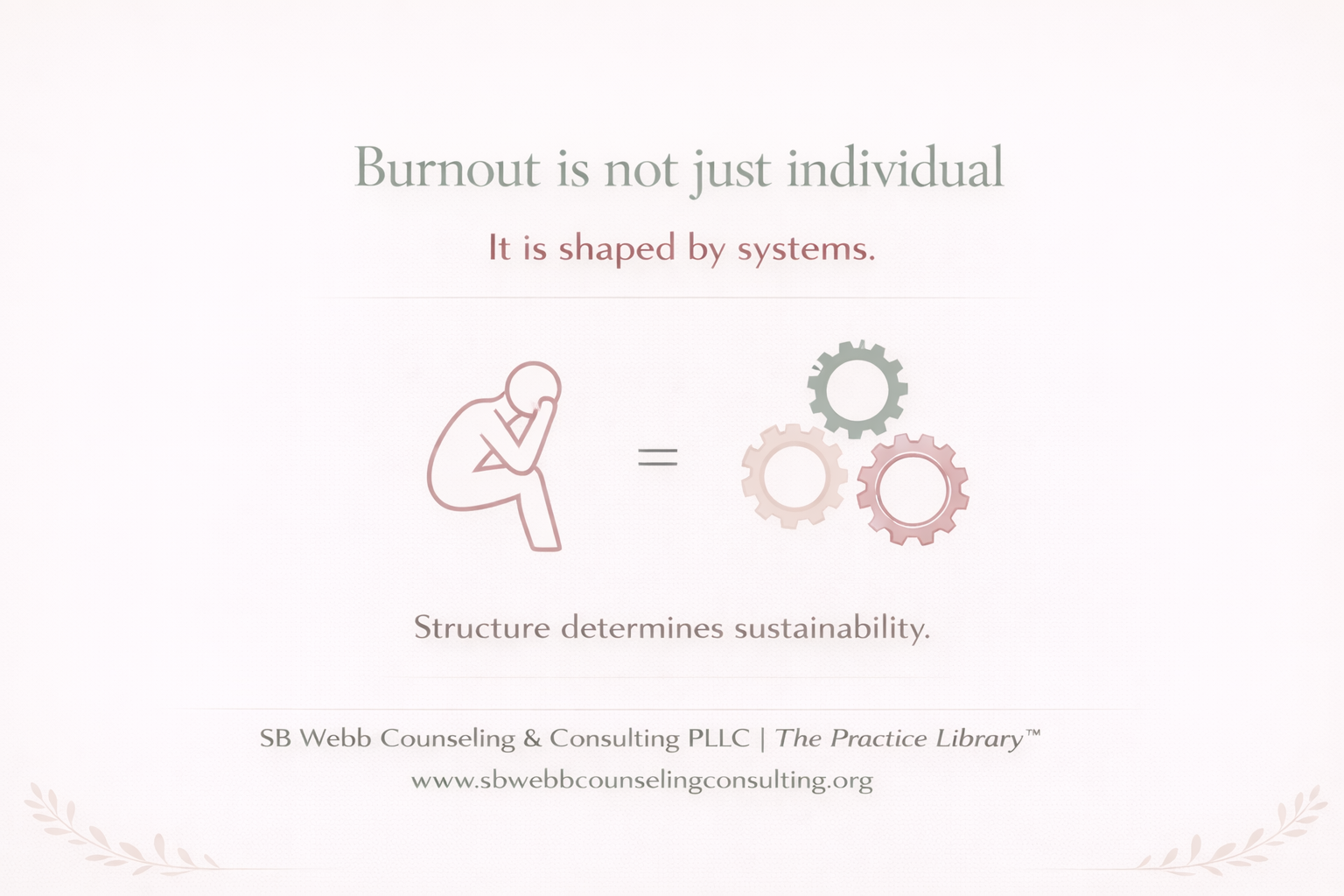 Graphic stating “Burnout is not just individual—it is shaped by systems,” with the subtext “Structure determines sustainability,” highlighting systemic influences on clinician burnout.