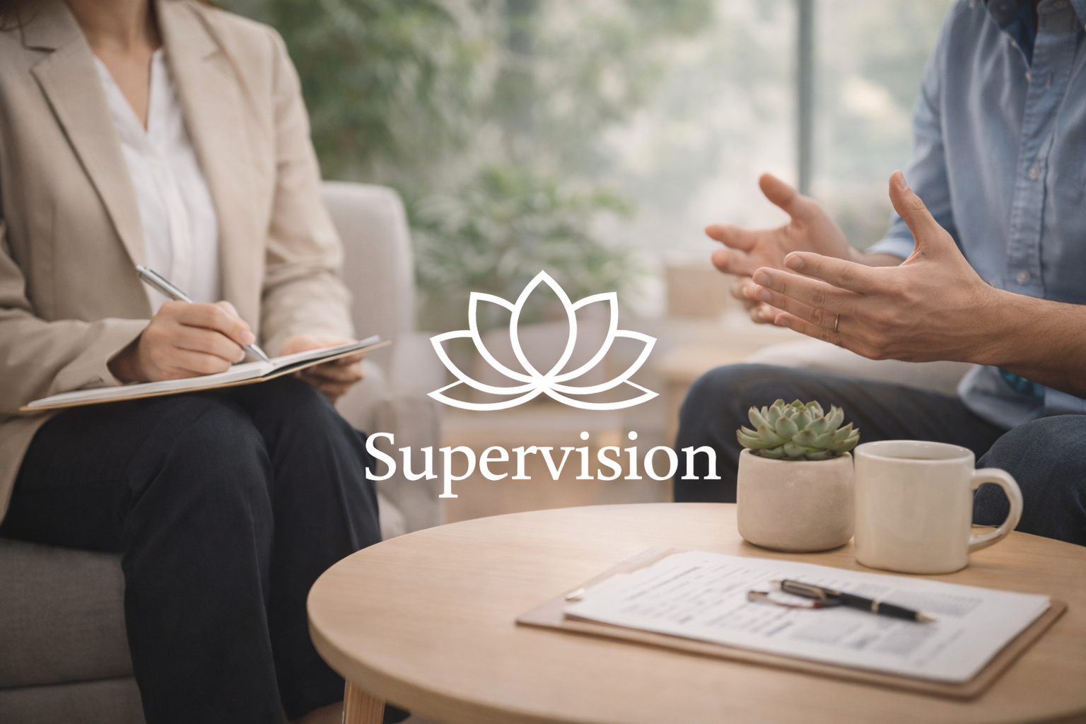 A therapist and a client having a session in a cozy room with sunlight, a small table with notes, pens, a mug, and potted plants, with a supervision logo and text overlay.