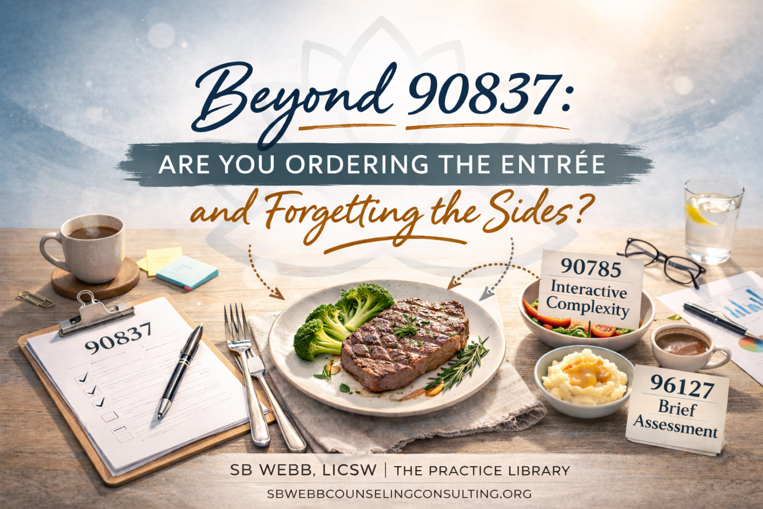 A marketing image with a dinner table setting including a plate of steak with broccoli, a bowl of salad, mashed potatoes, a coffee cup, and a glass of water. Overlay text reads 'Beyond 90837: Are you ordering the entrée and forgetting the sides?' with additional labels pointing to different food items and documents related to the CPT code 90837, suggesting a focus on counseling services.