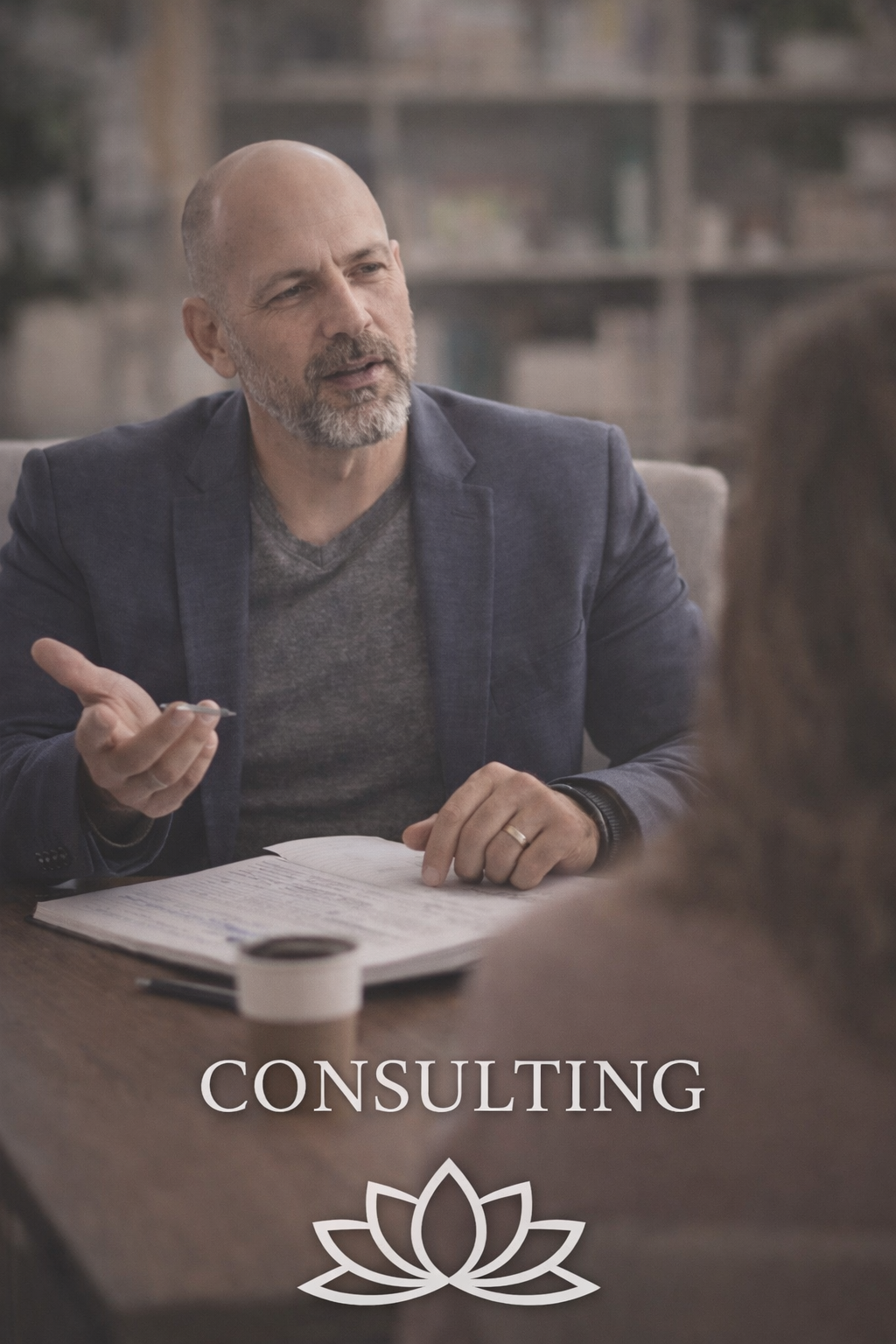 A man in a blazer and gray shirt sitting at a table in a meeting or consultation, gesturing with his hand, with a notebook open in front of him, during a consulting session.