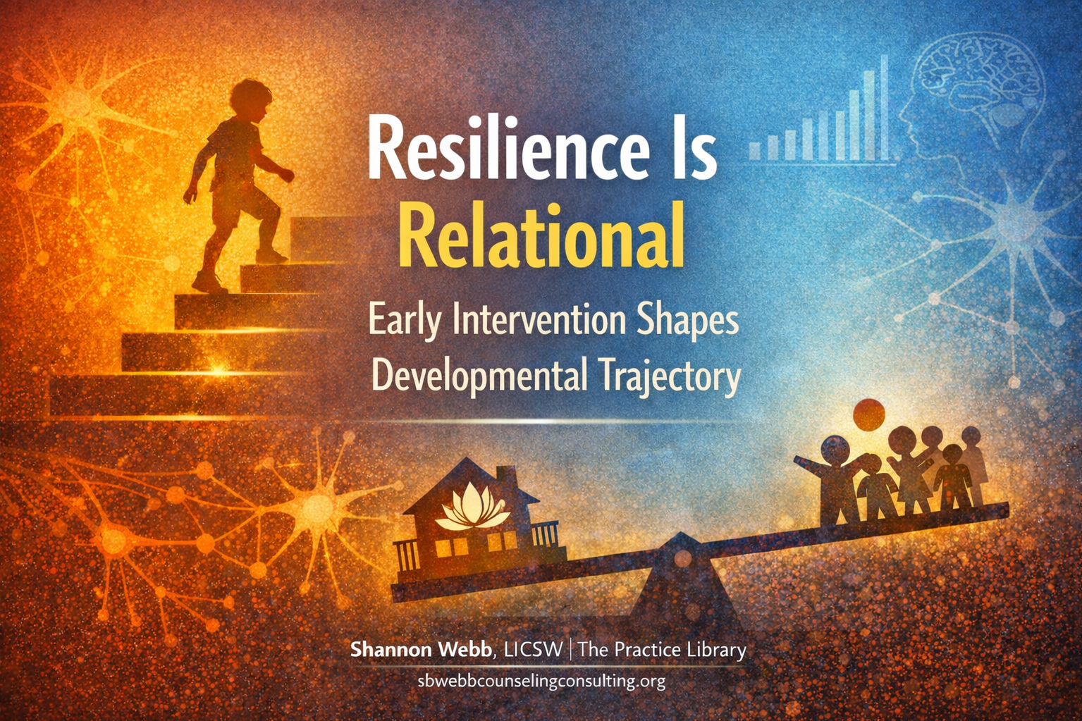 A colorful digital graphic featuring a child climbing stairs on the left, a family on a seesaw on the right, and various abstract symbols representing neuroscience and growth. The text reads: "Resilience Is Relational, Early Intervention Shapes Developmental Trajectory," attributed to Shannon Webb, LICSW.